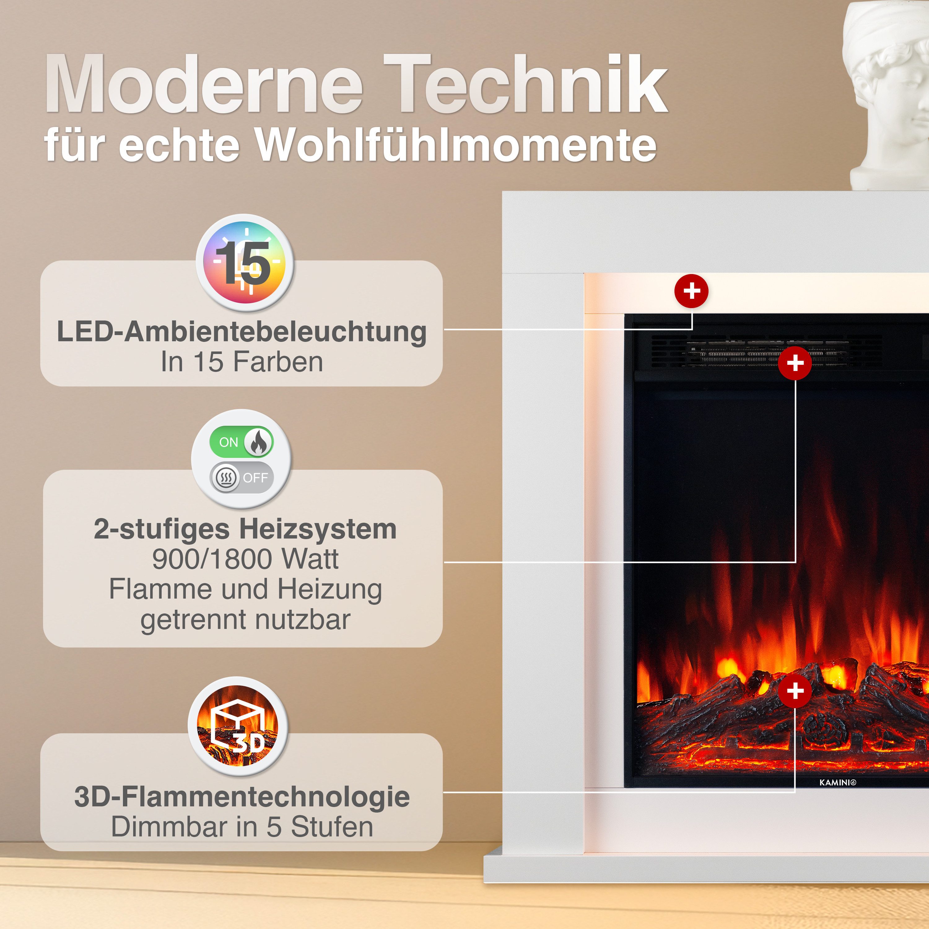 KAMINIO Elektrokamin MATTI, Elektrischer Kamin mit 3D-Flammeneffekt, Ambientelicht, Heizung 1800W