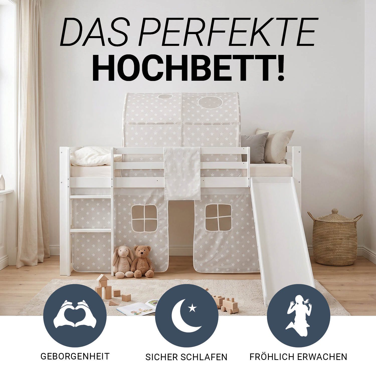Homestyle4u Hochbett Kinder mit Rutsche 90x200 mit / ohne Matratze Holz Sterne Mädchen (Spar-Set, mit Lattenrost, Rutsche und Tunnel, Jungen Mädchen) mit Rutsche, Spielbett