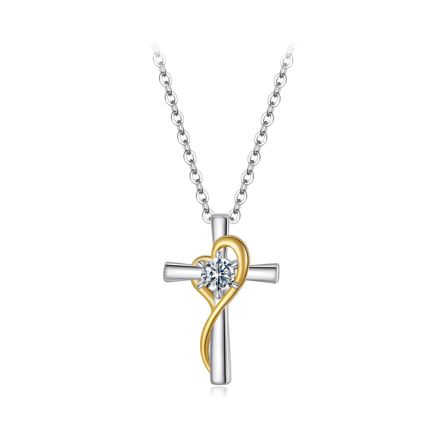 Runde Perlé Kreuzkette funkelnder Moissanit 0,2Ct, Kette mit Kreuz Herz Anhänger, 925 Sterling Silber, 14K Gold GRA Zertifikat Echtschmuck