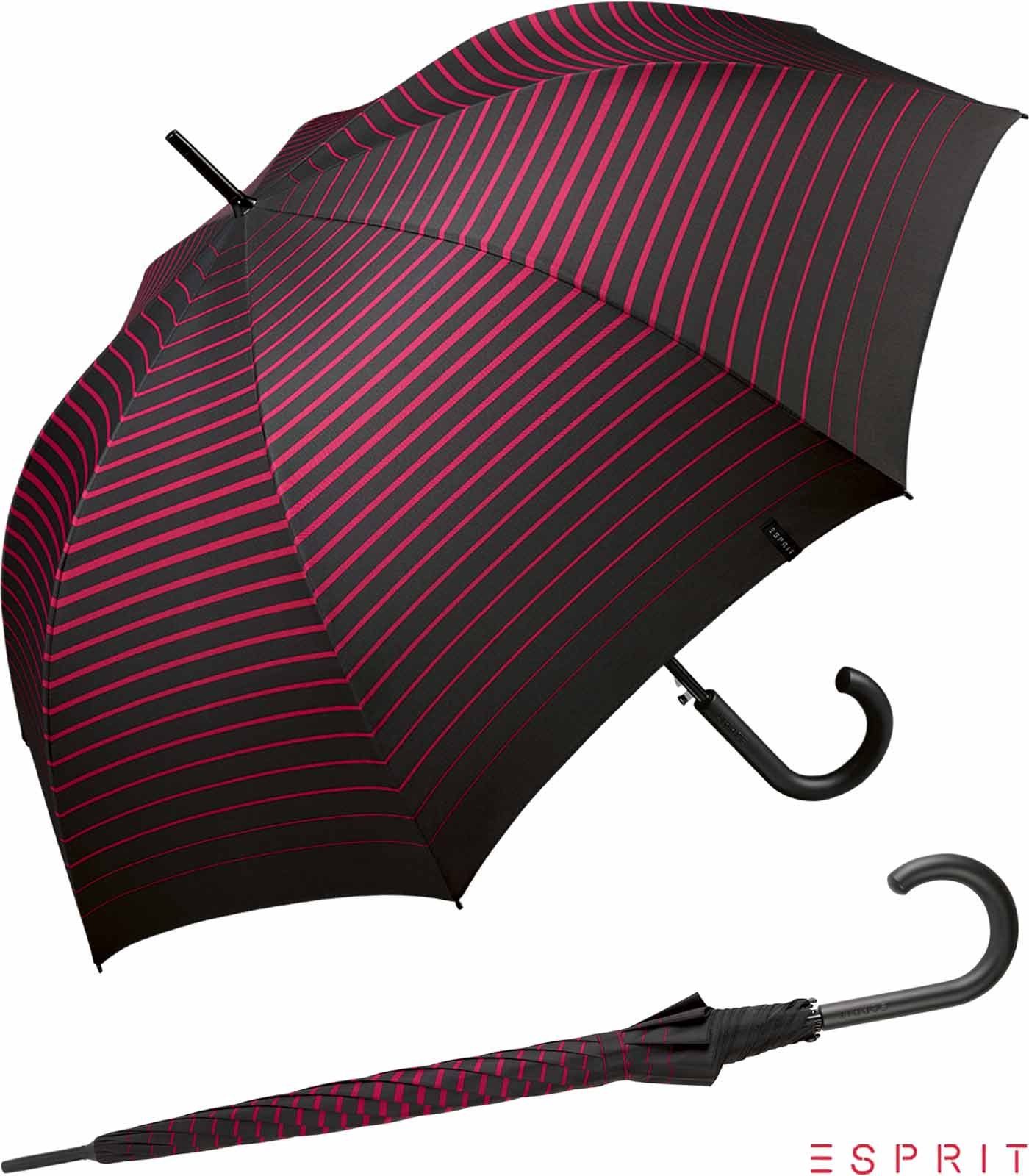 Esprit Langregenschirm Damen mit Auf-Automatik - Degradee Stripe - vivacious pink, groß, stabil, in moderner Streifen-Optik schwarz-pink