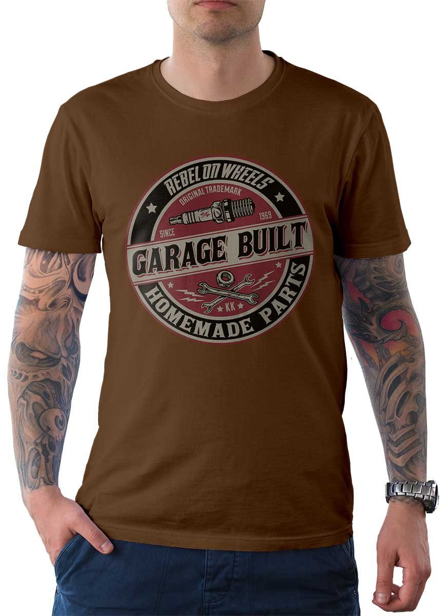 Rebel On Wheels T-Shirt Herren Tee / US-Car Auto mit Garage Braun Motiv Built T-Shirt