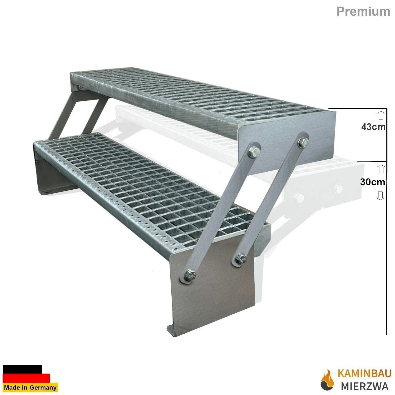 Kaminbau Mierzwa Außentreppe Premium Treppe Verzinkt Höhe Verstellbar, für Geschosshöhen bis 43.00 cm, (Höhe Verstellbar 30-43 cm), Gartentreppe Stahltreppe Wetterfest Rostfrei Feuer-Verzinkt Rutschfest