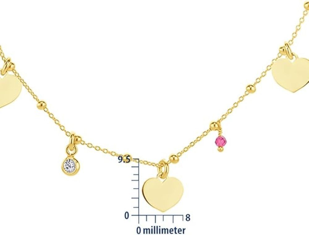 Miore Charm-Kette TA009SN - mit Herzen & Steinen - 925 Sterling Silber vergoldet 18Kt, Ankerkette mit 44 cm Länge