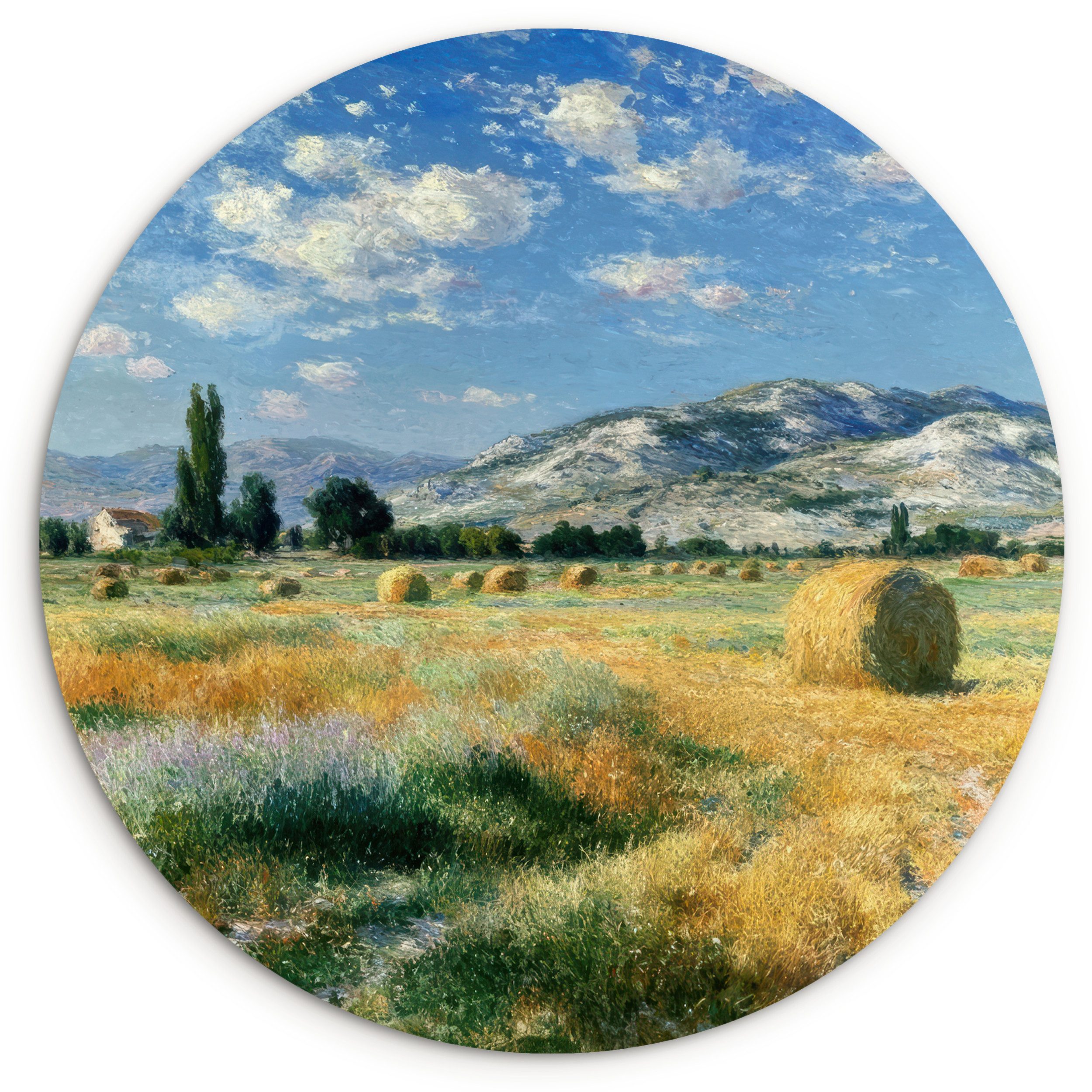 Gemälde Landschaft - Strohballen - Berge - Wolken