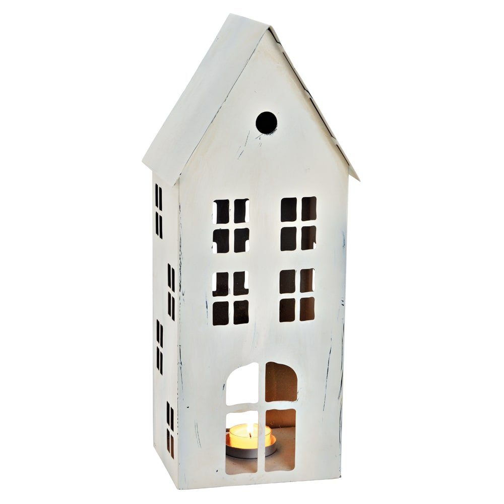 matches21 HOME & HOBBY Kerzenständer Windlicht Haus Fenster Kerzenhalter Used Metall weiß 40 cm