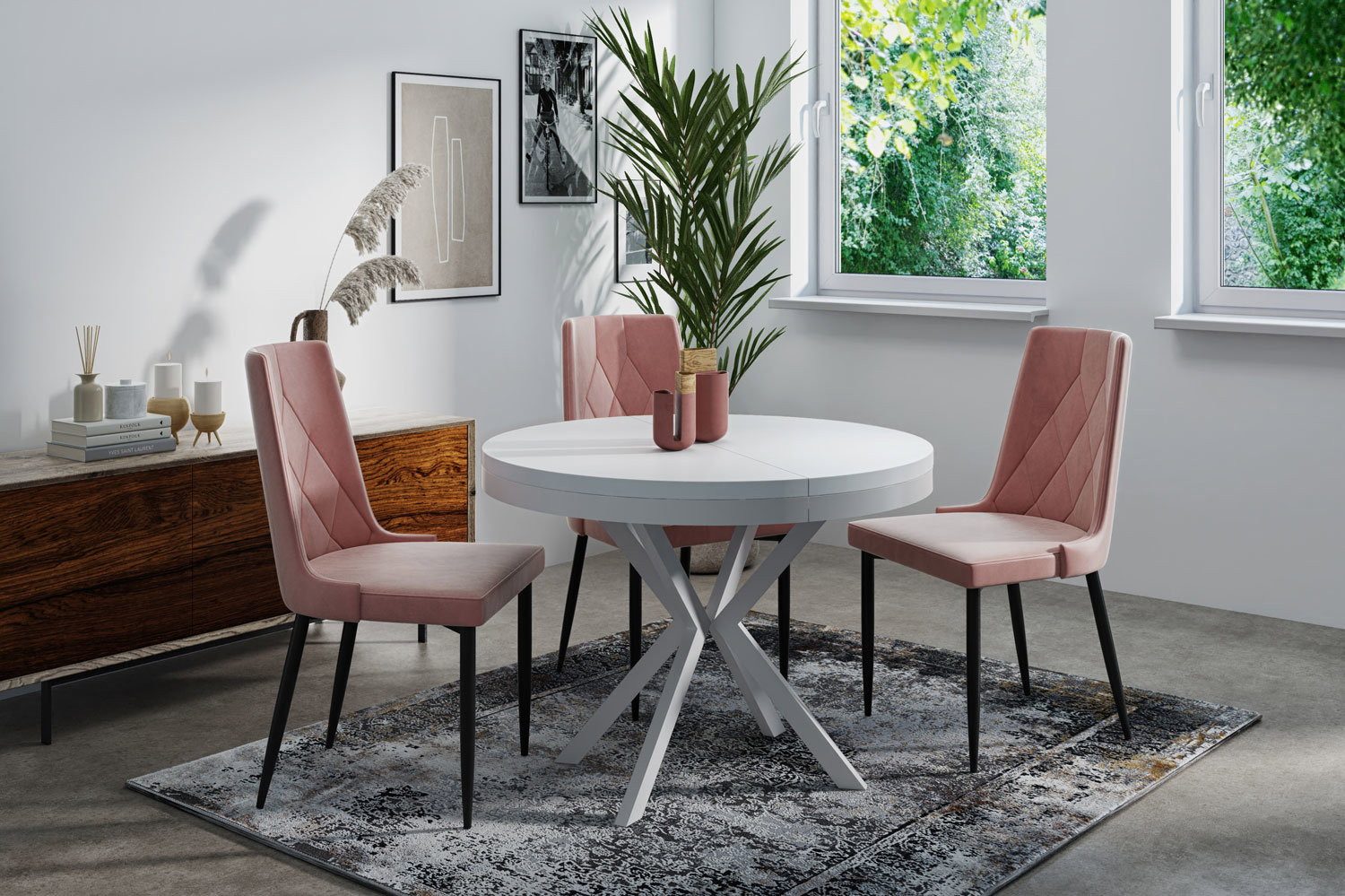 WFL GROUP Esstisch Cloud ausziehbar rund industrial mit weißen Metallbeinen (MADE IN EU, erhältlich in 3 Größen – 90/100/120 cm ausziehbar auf 170/180/200 cm), platzsparender Tisch in Holzoptik für Küche, Esszimmer oder Wohnzimmer