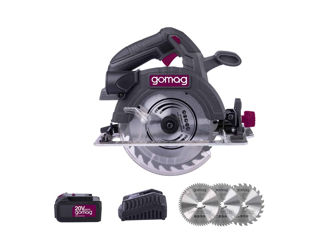 Gomag Akku-Handkreissäge GO-HKS165BL 4,0 Ah Akku + Ladegerät + Sägeblätter, Set, inkl. Laser und LED-Arbeitsleuchte