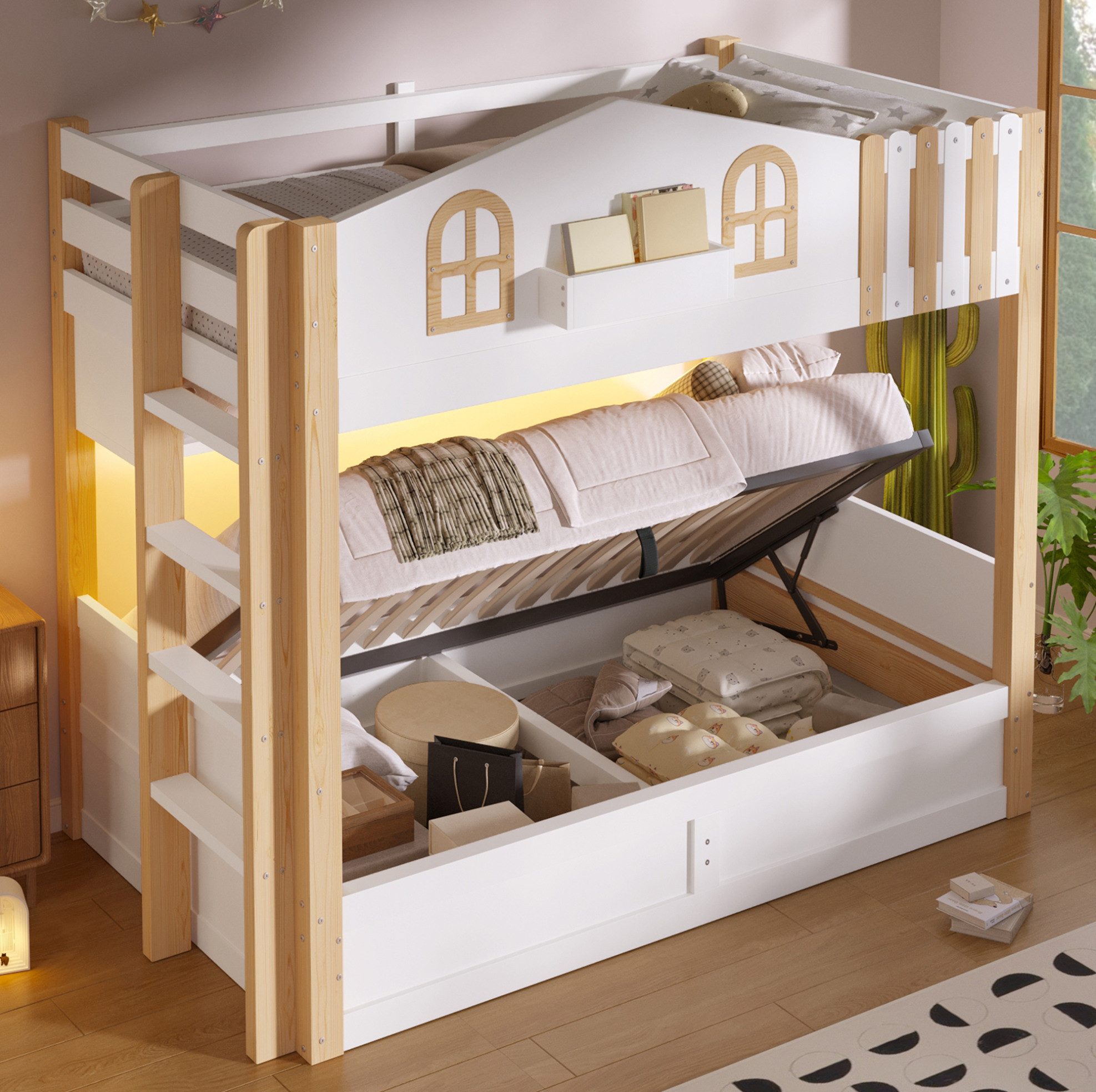 MODFU Etagenbett Kinderbett, hydraulischer Lagerung und variabler Leiteranordnung (90x200 cm Jugendbett mit LED-Leuchten, großem Stauraumfach, Holzbett Funktionsbett)