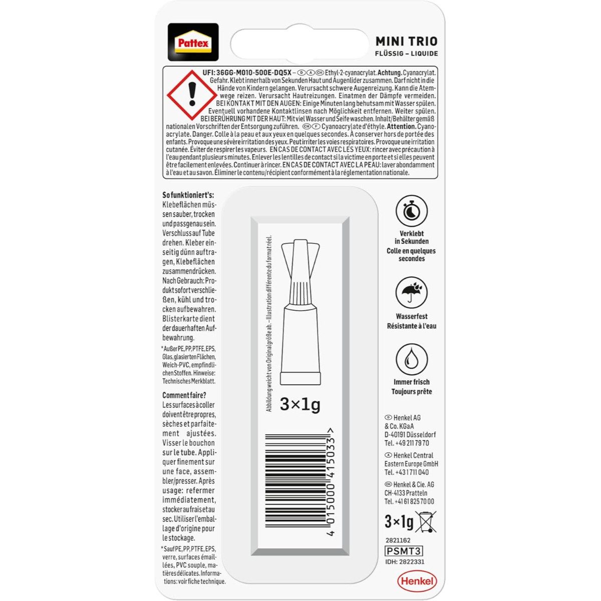 Pattex Sekundenkleber Mini Trio 3x 1 g transparent, (3-tlg)
