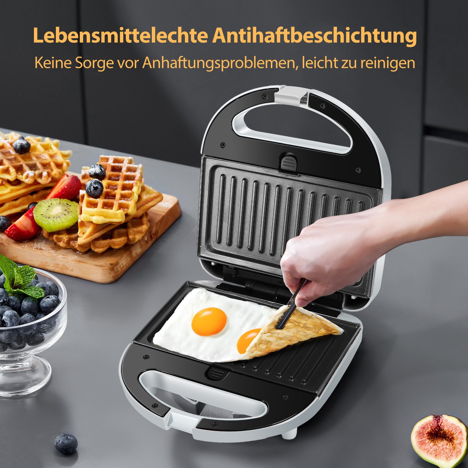 Aigostar 3-in-1-Kombi-Waffeleisen 750 W Sandwichmaker, 3 Austauschbare Platten, Beidseitiges Grillen, 750,00 W, Antihaftbeschichtet, Automatisches Thermostat, Wärmeisolierender Griff