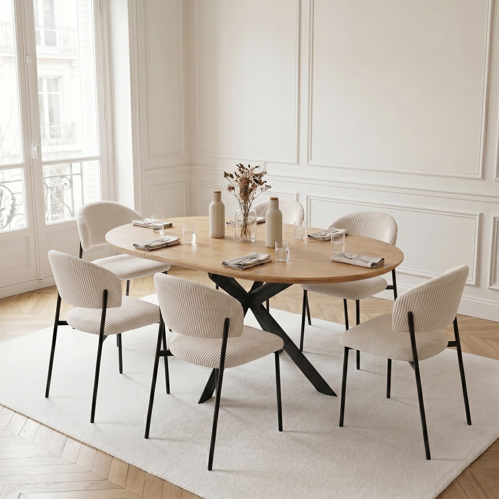 Jiexi Essgruppe Essgruppe ausziehbar rund bis oval MDF Tisch mit Cordstühlen