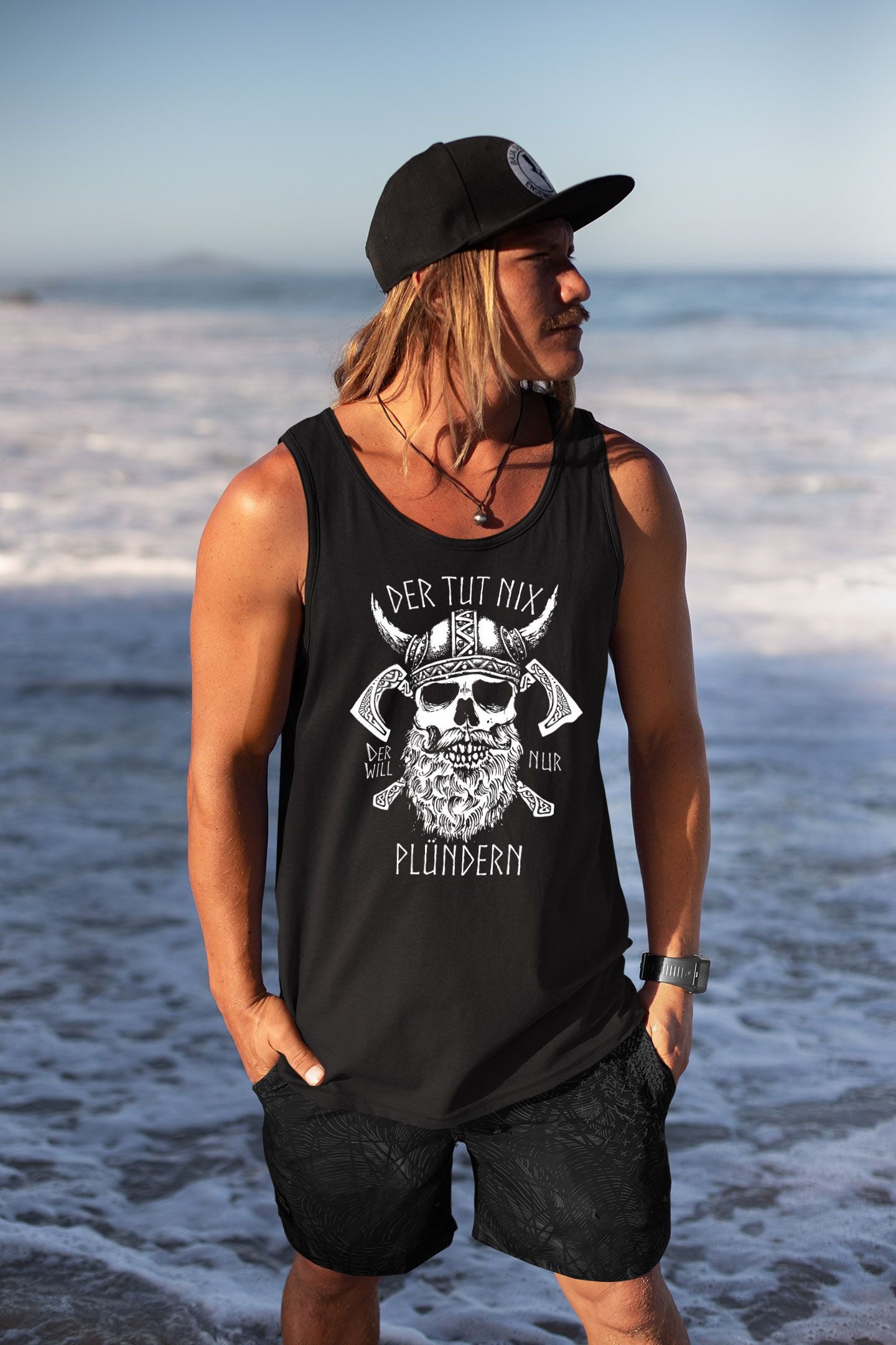 MoonWorks Tanktop Herren Tanktop Totenkopf Spruch Der tut nix der will nur plündern mit Print