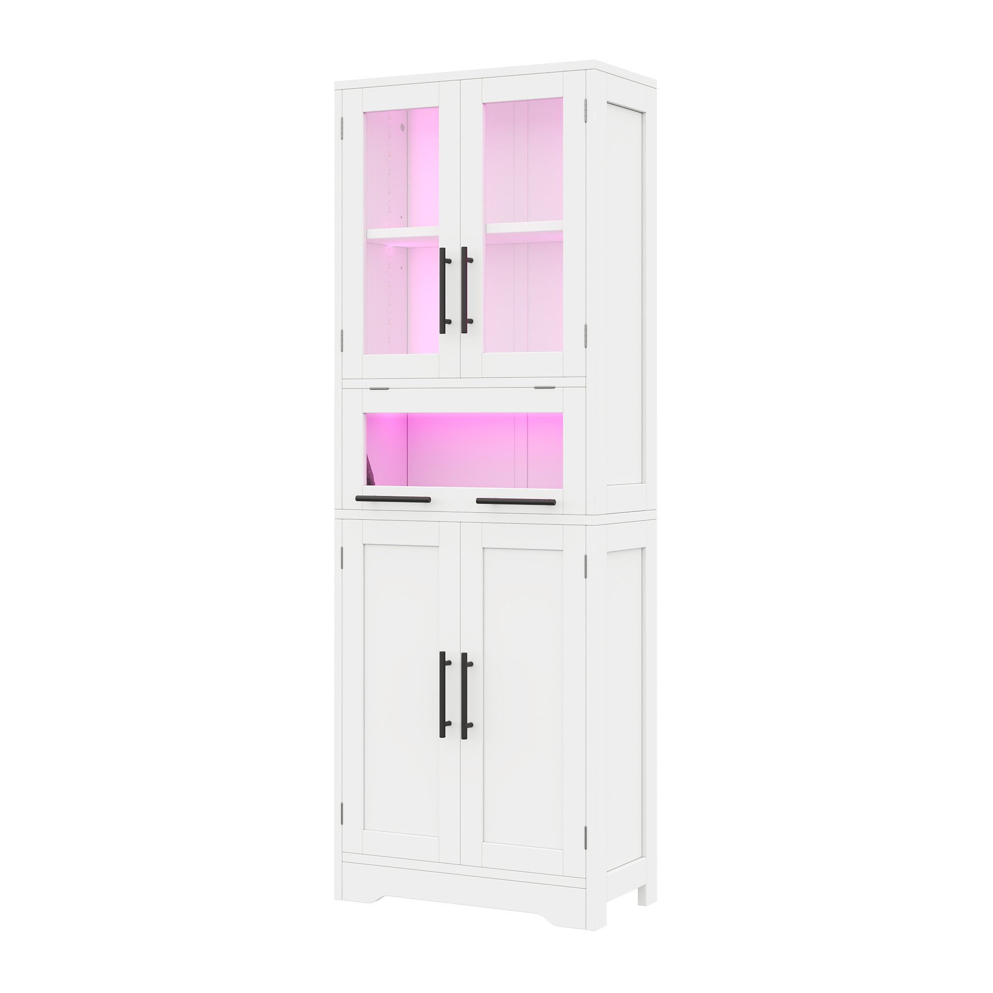 Flieks Hochschrank Badkommode Glasvitrine mit LED-Beleuchtung und Glastüren (Badezimmerschrank, 1-St., B60×T30×H170 cm) Bücherregal Mehrzweckschrank mit verstellbarer Einlegeböden Weiß