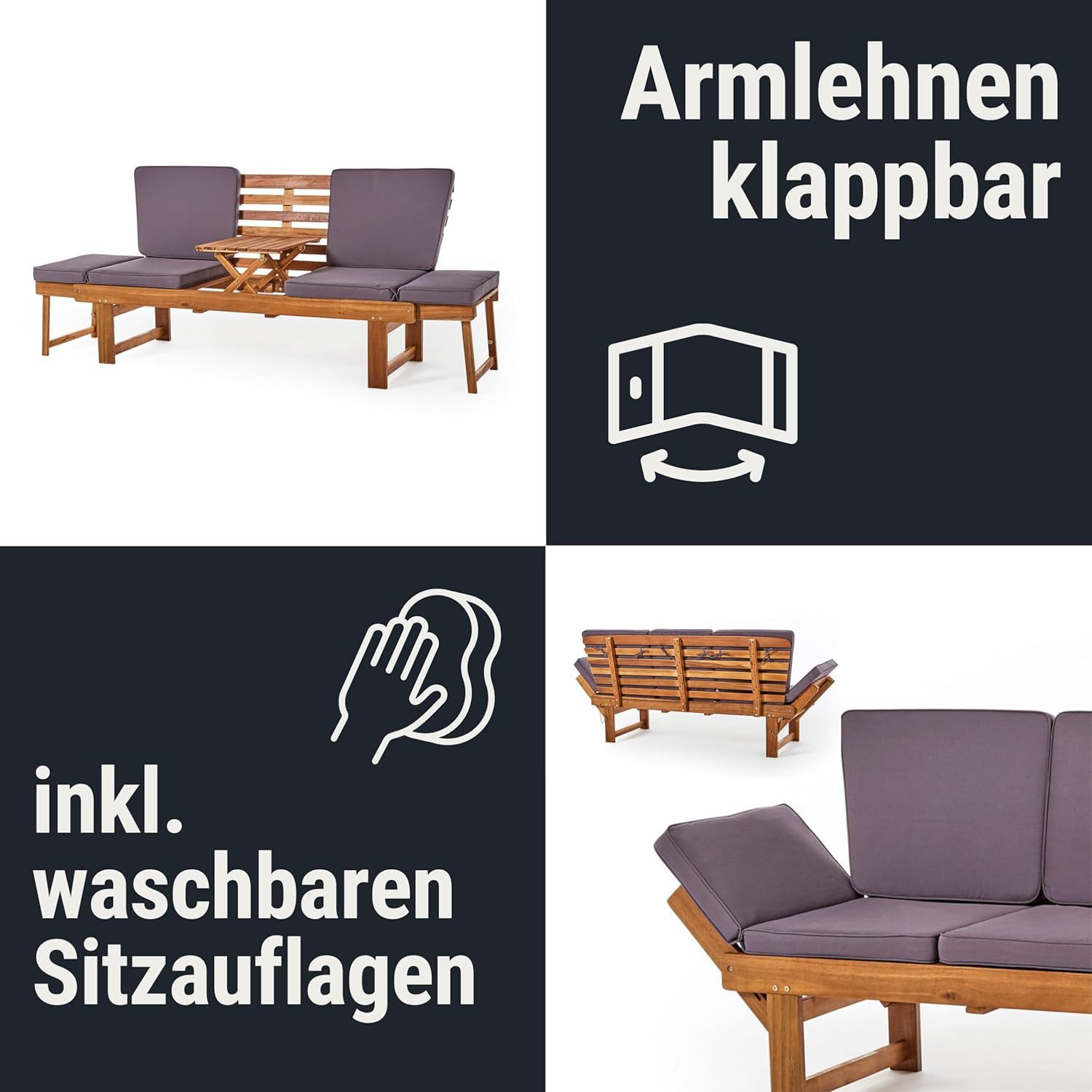 Wohnando Sitzbank Gartenbank "Monte" 202x 67x87cm (BxTxH), massives Akazienholz, FSC (1-St), braun, graue Sitzauflage, ausklappbarer Tisch, umklappbare Seitenteile