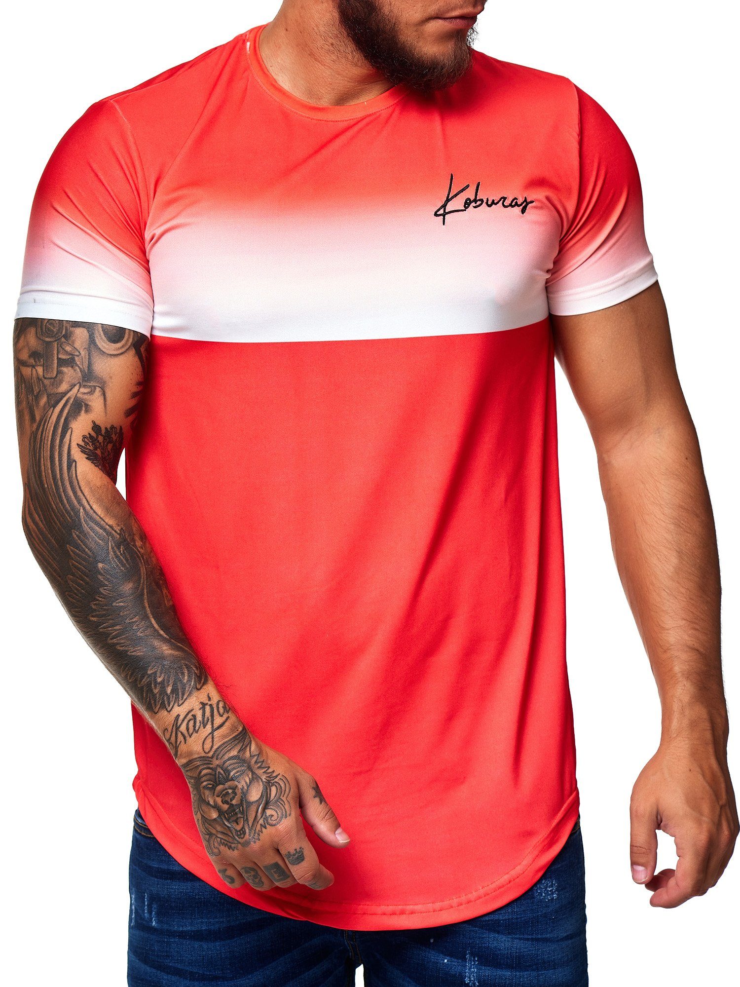 Koburas T-Shirt 2172C (Shirt Polo Kurzarmshirt Tee, 1-tlg) Fitness Freizeit Casual Orange Weiß