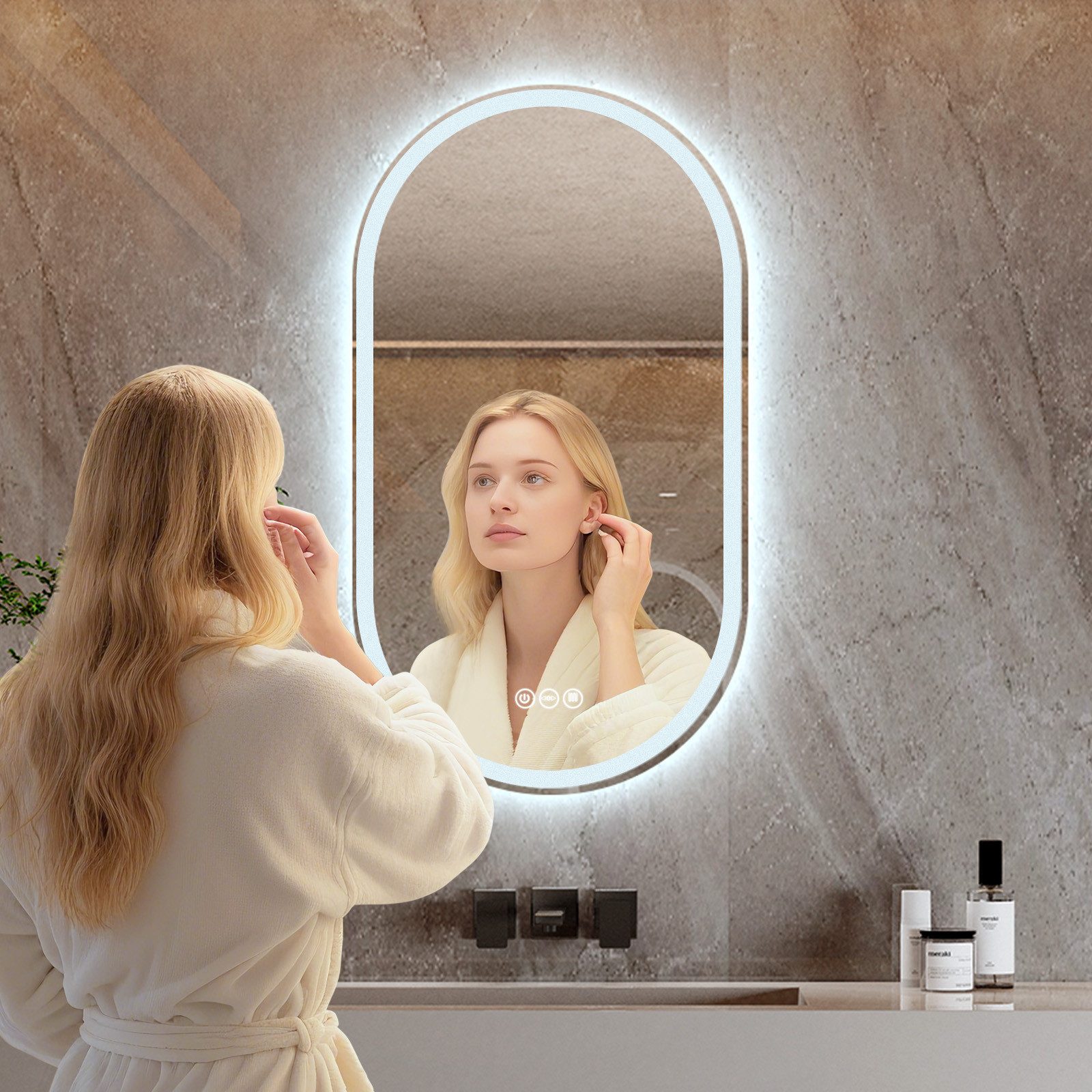 Yorbay Badspiegel groß mit Beleuchtung, LED Knopfschalter, Antibeschlag, Ov günstig online kaufen