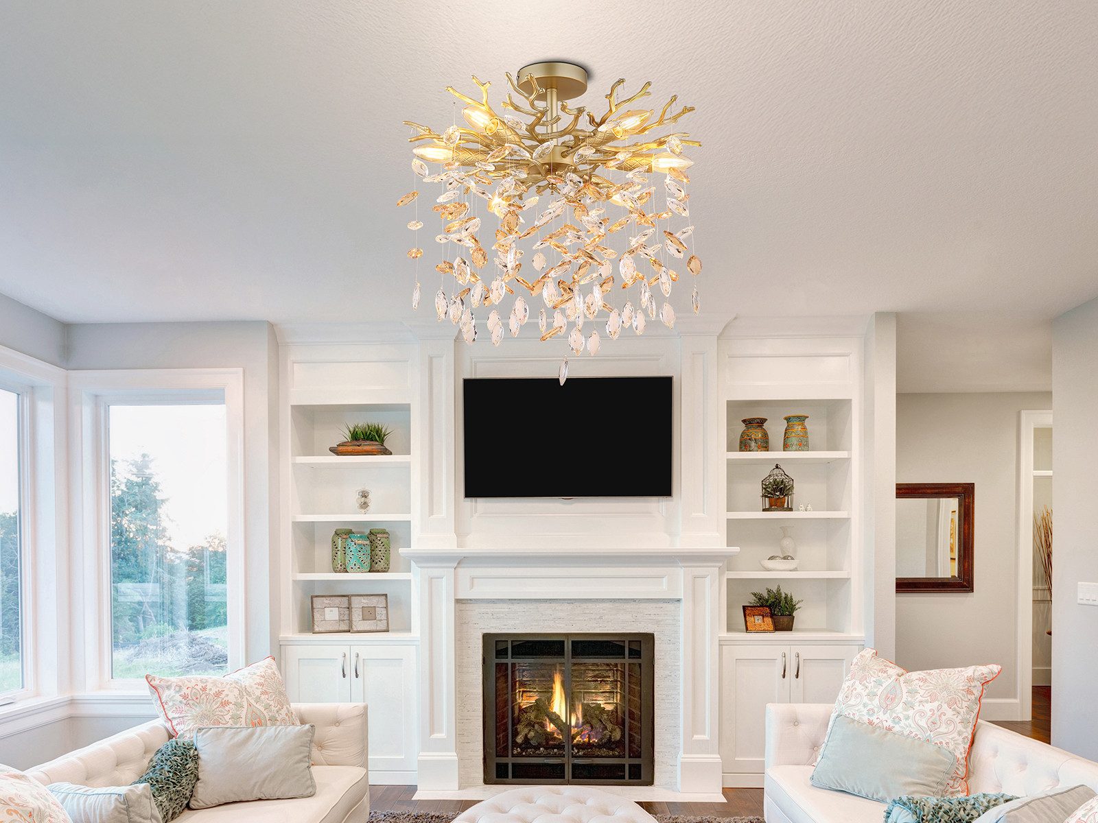 GLOBO LIGHTING LED Deckenleuchte mit Kristall 2-farbig Ø 50cm, Dimmfunktion, LED wechselbar, Warmweiß, ausgefallene extravagante Deckenlampe in Zweigoptik, mehrflammig