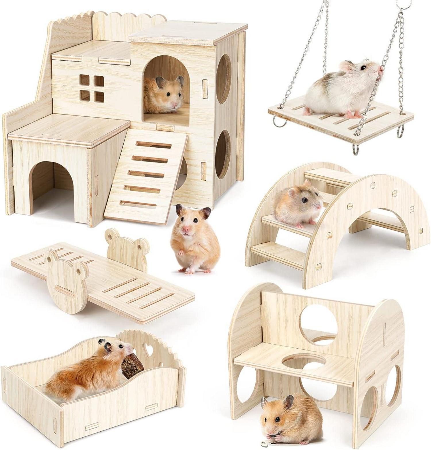 Kleintierkäfig Holz Hamster Spielzeug Set für Chinchilla Rennmaus Kaninchen