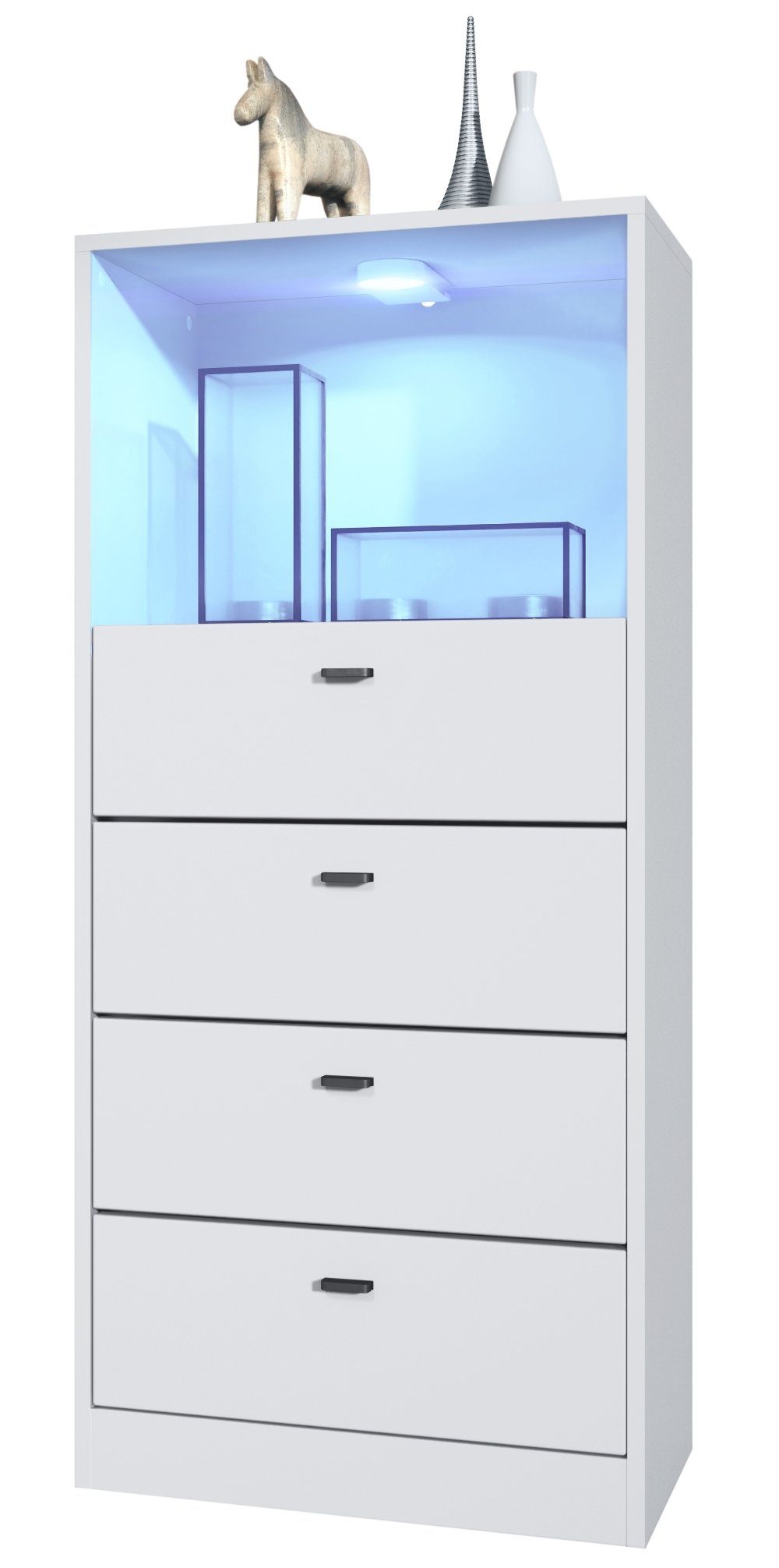 Vladon Kommode Pino V3 (Anrichte, mit 4 Schubladen & 1 offenem Fach mit Beleuchtung), Weiß matt (56 x 125 x 36 cm)