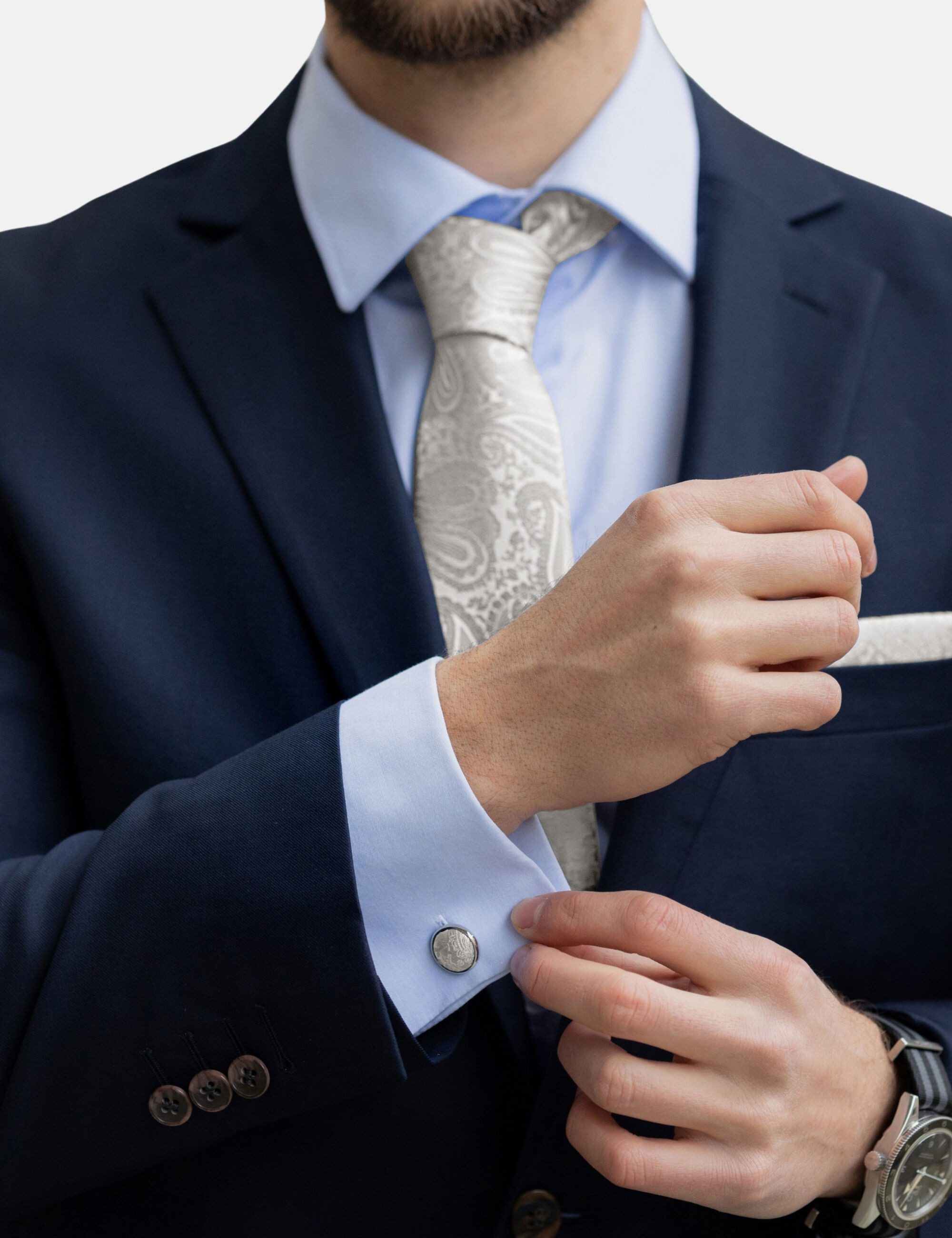 Massi Morino Krawatte (1-St) mit Einstecktuch, Manschettenknöpfen und Krawattenklammer