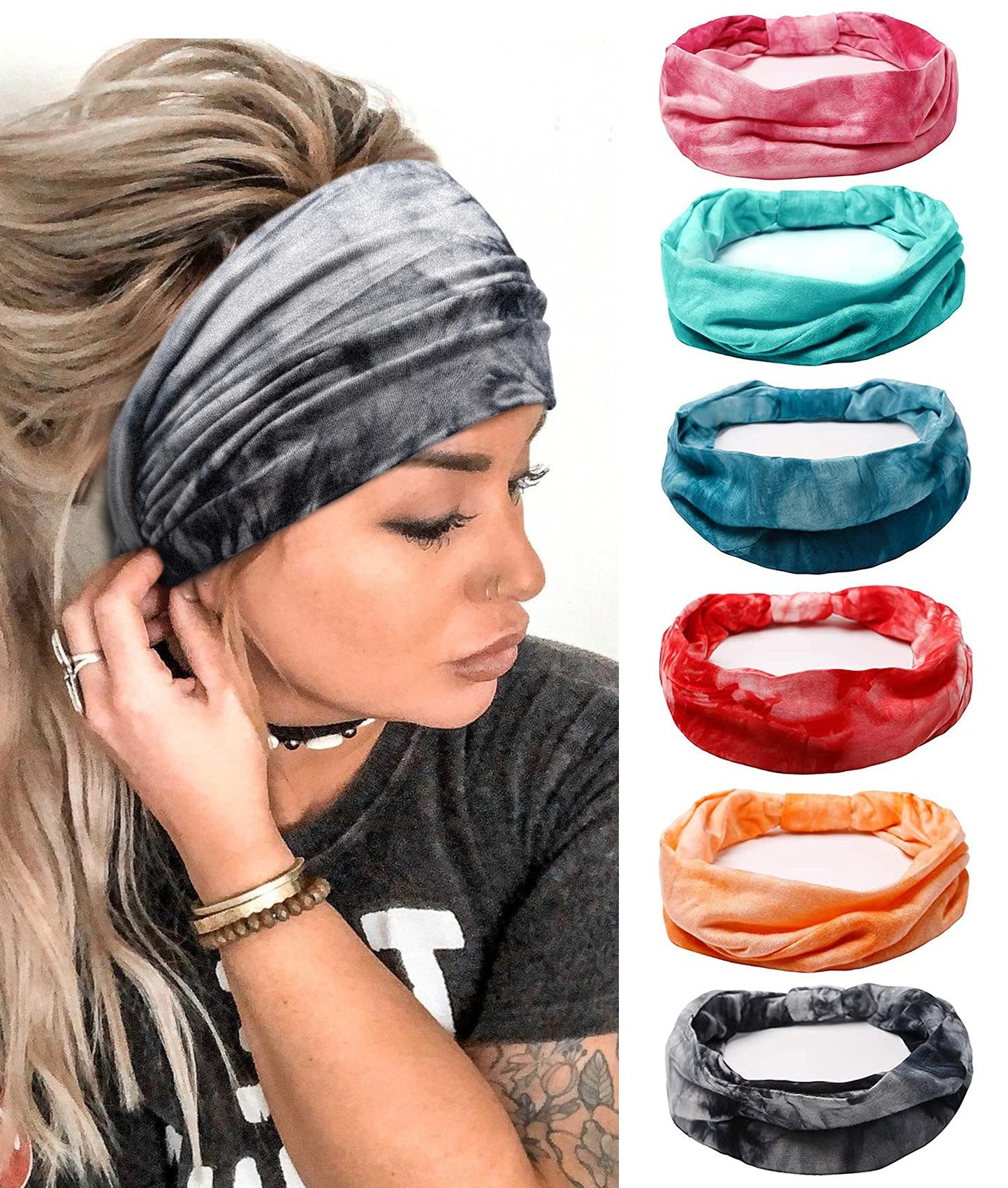 Zaewry Haargummi Haarband Damen Stirnband Damen 6er Pack, 15cm Extra Breit, 6-tlg., Haarbänder Dünn, Elastische Kopftuch Weiche Mehrfarbig Headband