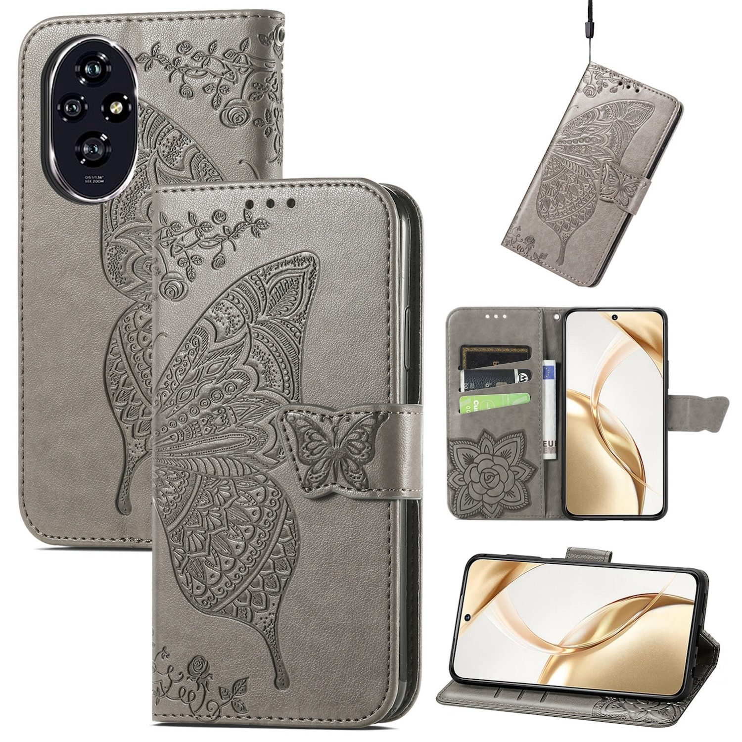 Wigento Smartphone-Hülle Für Honor 200 Kunstleder Wallet Tasche Design Schmetterling Hülle Grau, Kunst-Leder Schutzhülle Smart Case Cover magnetischer Verschluss