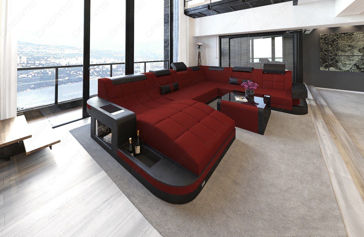 Bettfunktion XXL Dreams Wave Mikrofaser Couch Wohnlandschaft M Polster Sofa Sofa mit dunkelrot-schwarz Stoff, Strukturstoff wahlweise