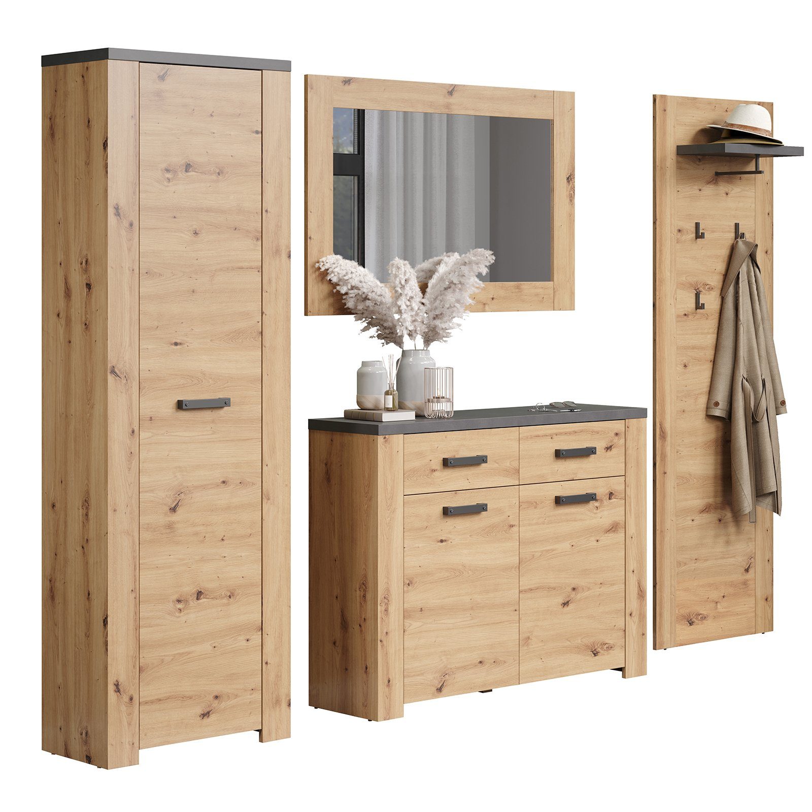trendteam Шафи-Set Follow, Шафиschrank Wandpaneel Spiegel Natur/Anthrazit 270x199x35cm