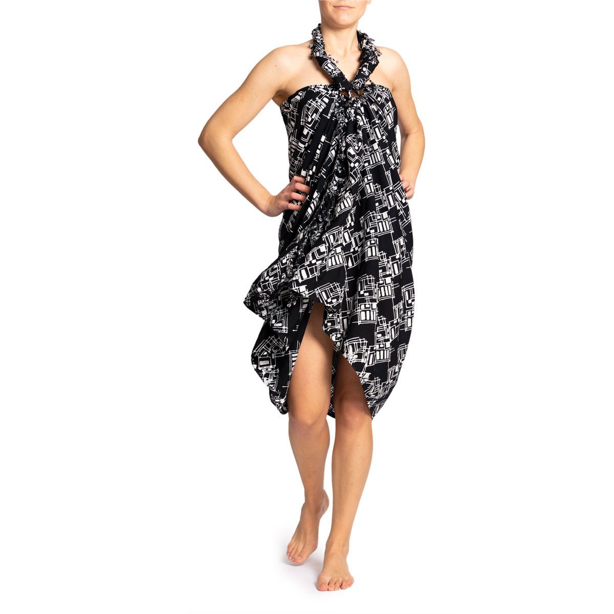 PANASIAM Pareo Sarong Wachsbatik schwarz-weiß aus hochwertiger Viskose Strandtuch, Strandkleid Bikini Cover-up Tuch für den Strand Schultertuch Halstuch B902 black rectangle