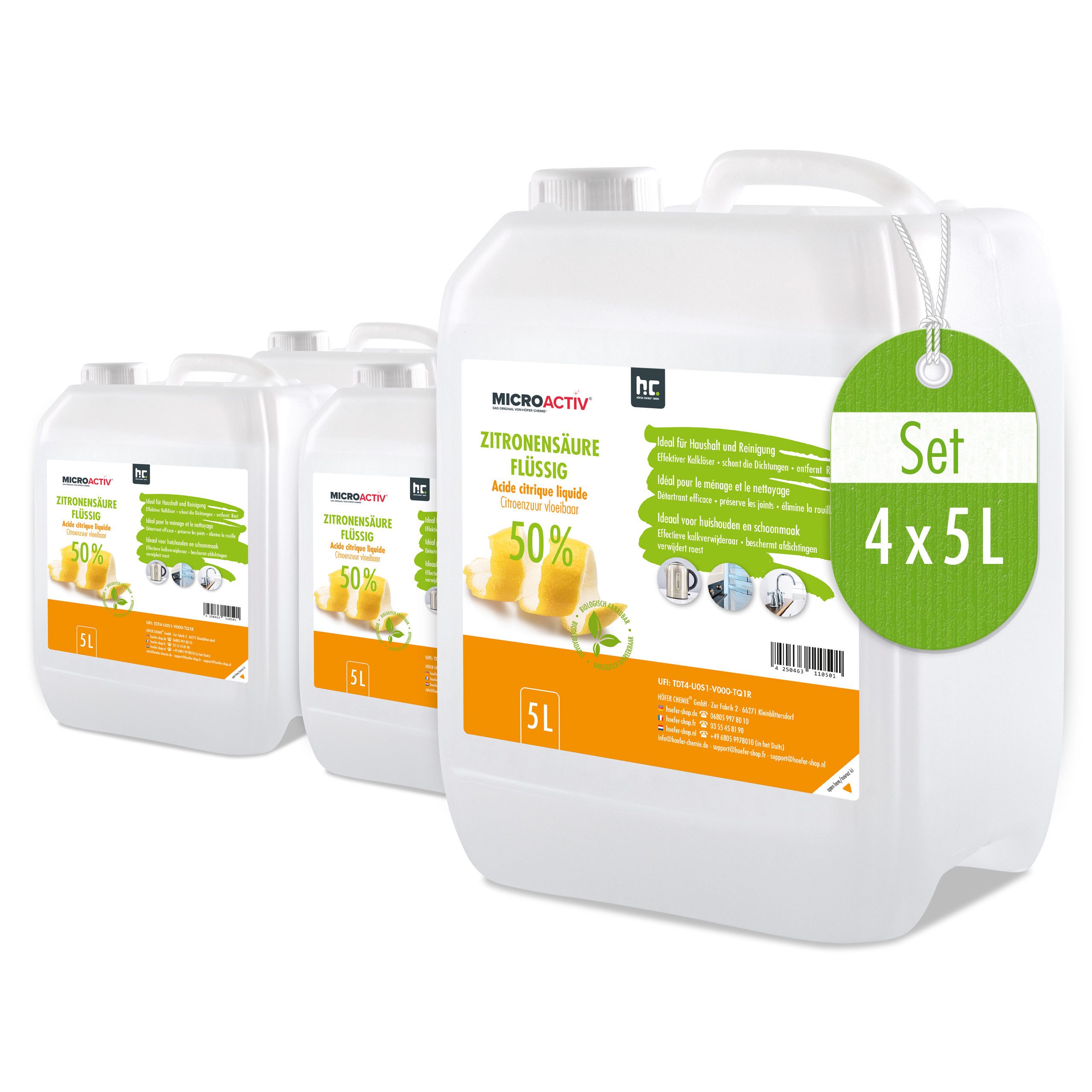 Höfer Chemie GmbH 4x 5 L Zitronensäure 50% flüssig Grundreiniger (Kraftvolle Kalklösung und vielseitig im Haushalt einsetzbar)