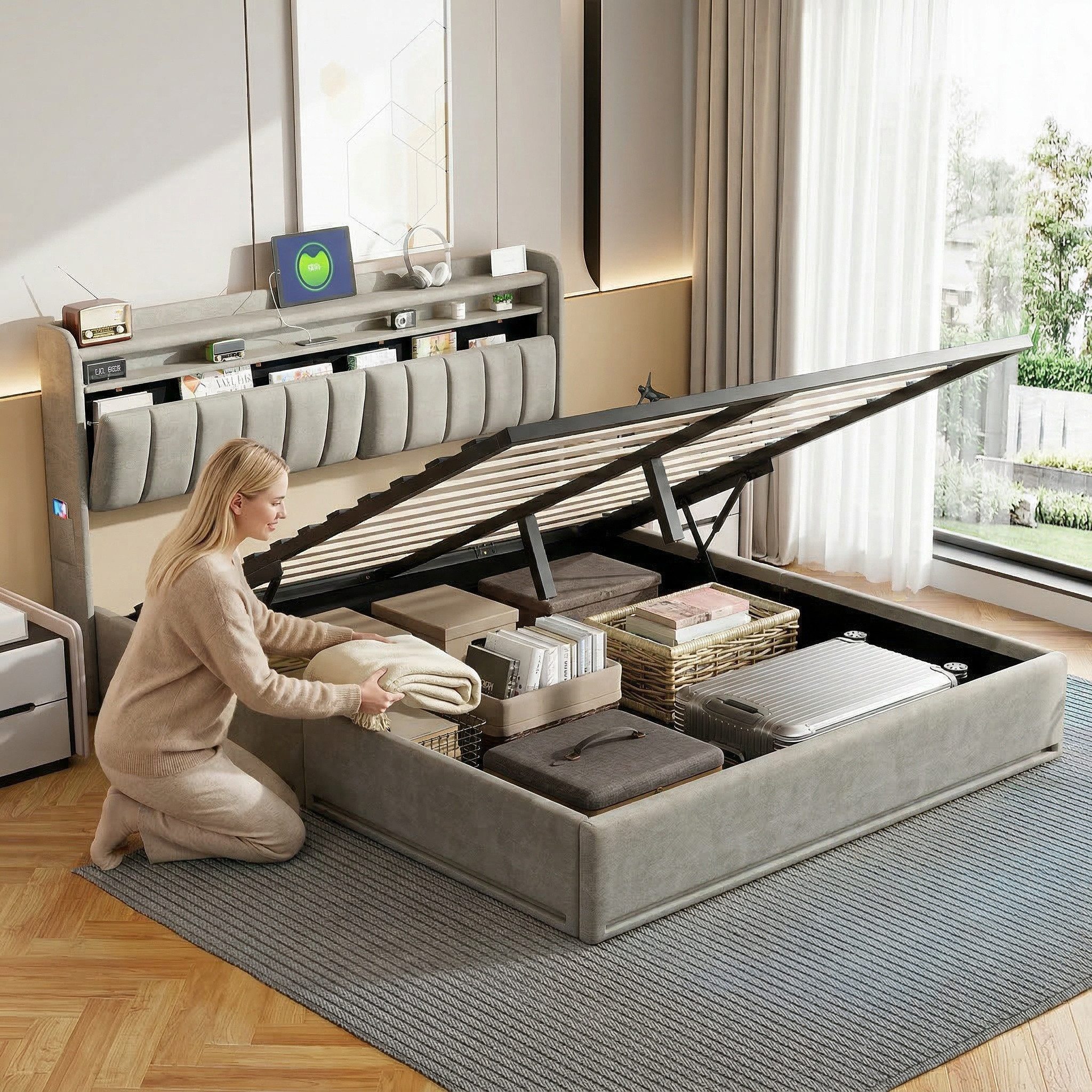 Gdood Polsterbett Stauraumbett Doppelbett LED (Type-C + USB, Hydraulisch hebbarer Stauraum), Mit Bettkasten, LED-Beleuchtung, USB-Anschluss, 160x200 cm