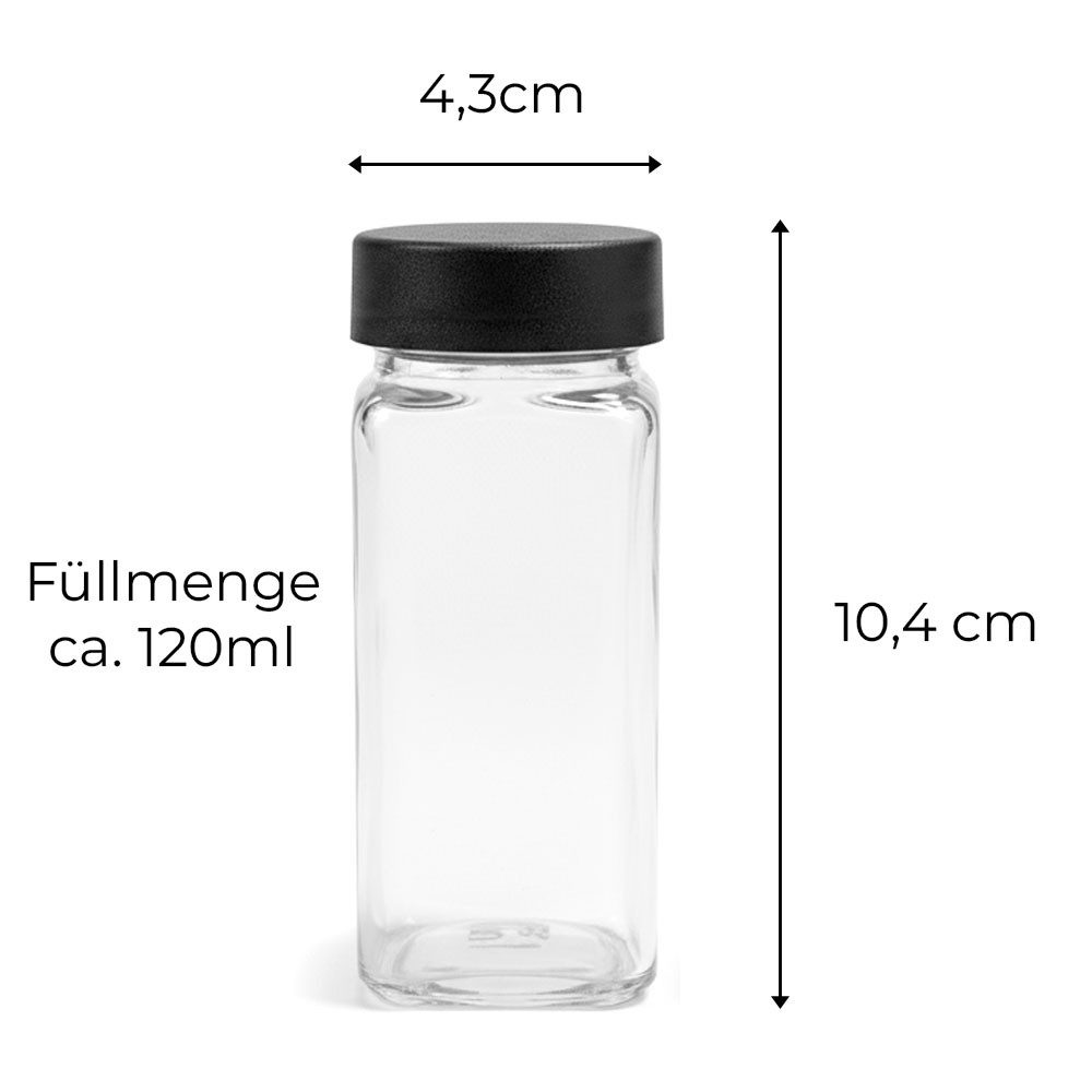 mixed24 Gewürzstreuer 24x Gewürzgläser Schwarze Deckel 120ml, (inkl. 240 Etiketten, 30x Streueinsätze, 24-tlg), 1x Edelstahl Trichter, 1x Reinigungsbürstchen