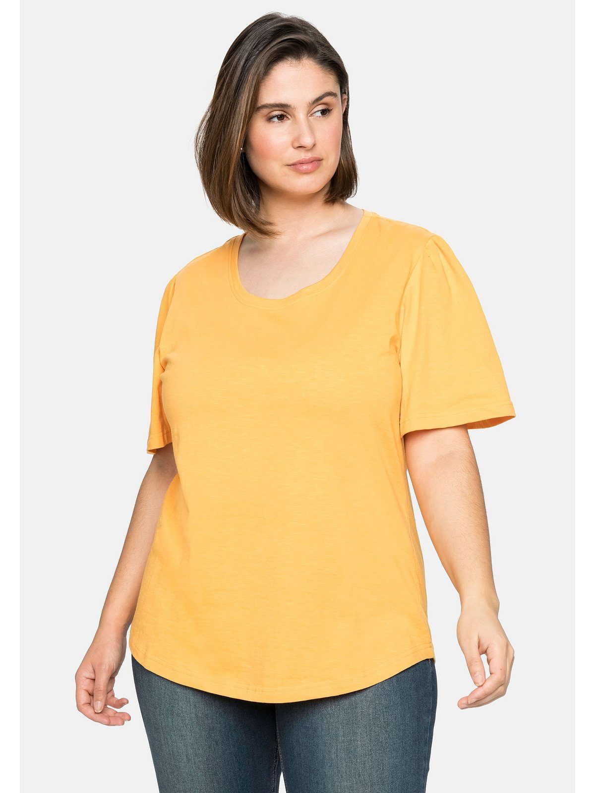 Sheego T-Shirt Große mit kurzen apricot Flügelärmeln, reiner aus Größen Baumwolle