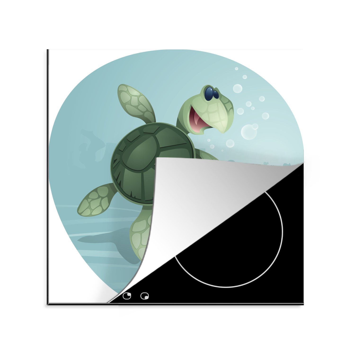 MuchoWow Herdblende-/Abdeckplatte Illustration einer Schildkröte in grünem Wasser, Vinyl, (1 tlg), 78x78 cm, Ceranfeldabdeckung, Arbeitsplatte für küche