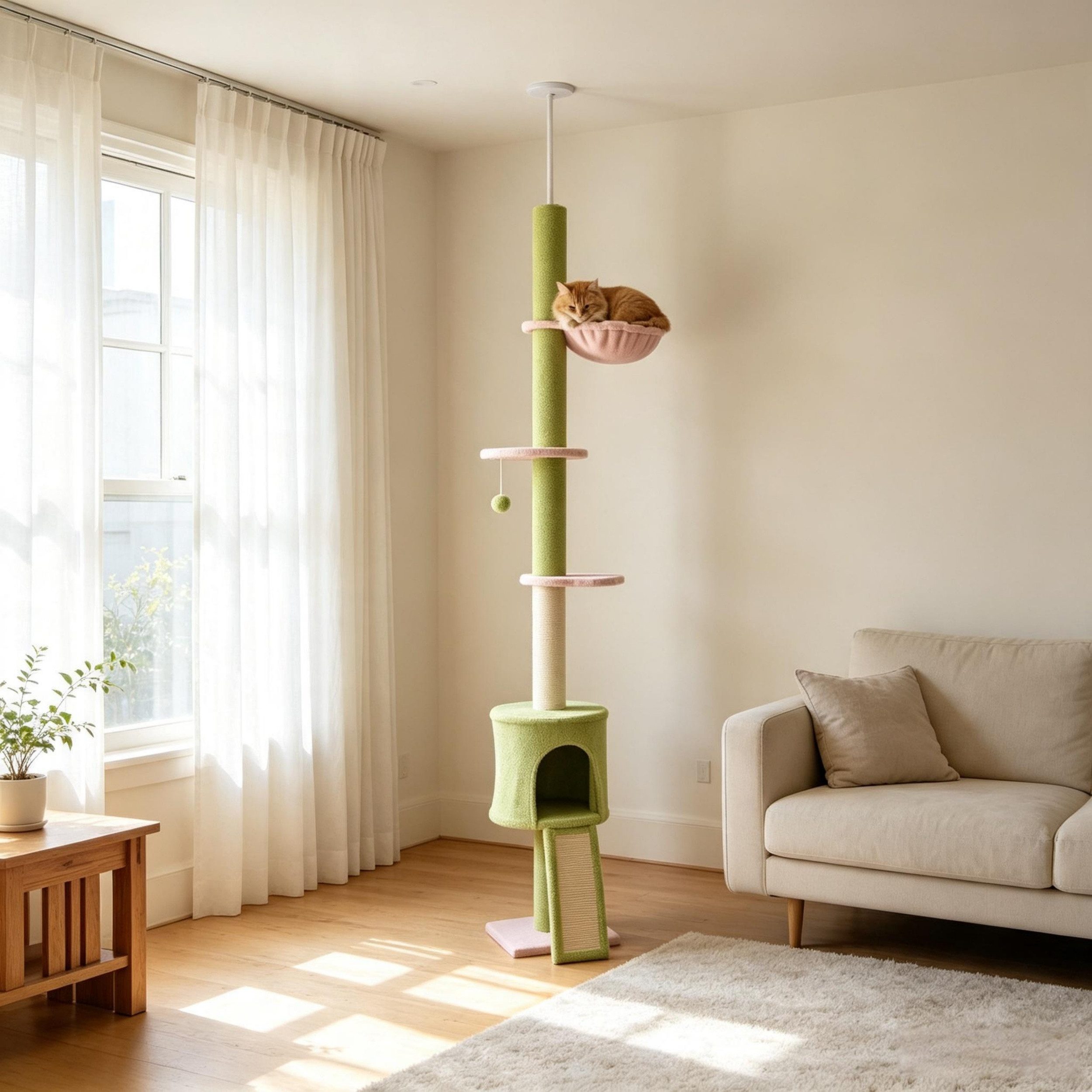 ibettertec Katzen-Kletterwand Bodentiefer bis zur Decke reichender Katzenbaum mit 5 Ebenen, blumenförmige Plattformen, Kratzstamm, ohne Hängematte
