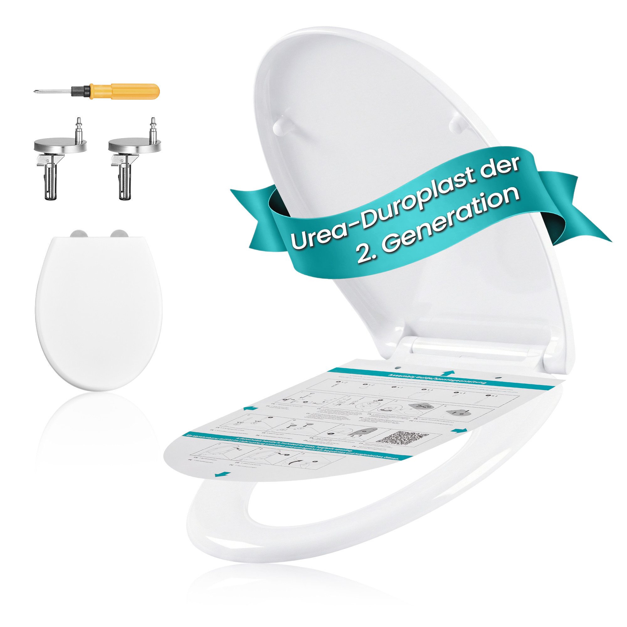 SONGMICS WC-Sitz Urea-Duroplast, belastbar mit 300 kg, O-Form D-Form, Absenkautomatik, abnehmbarer Toilettendeckel, Griff, einfache Montage