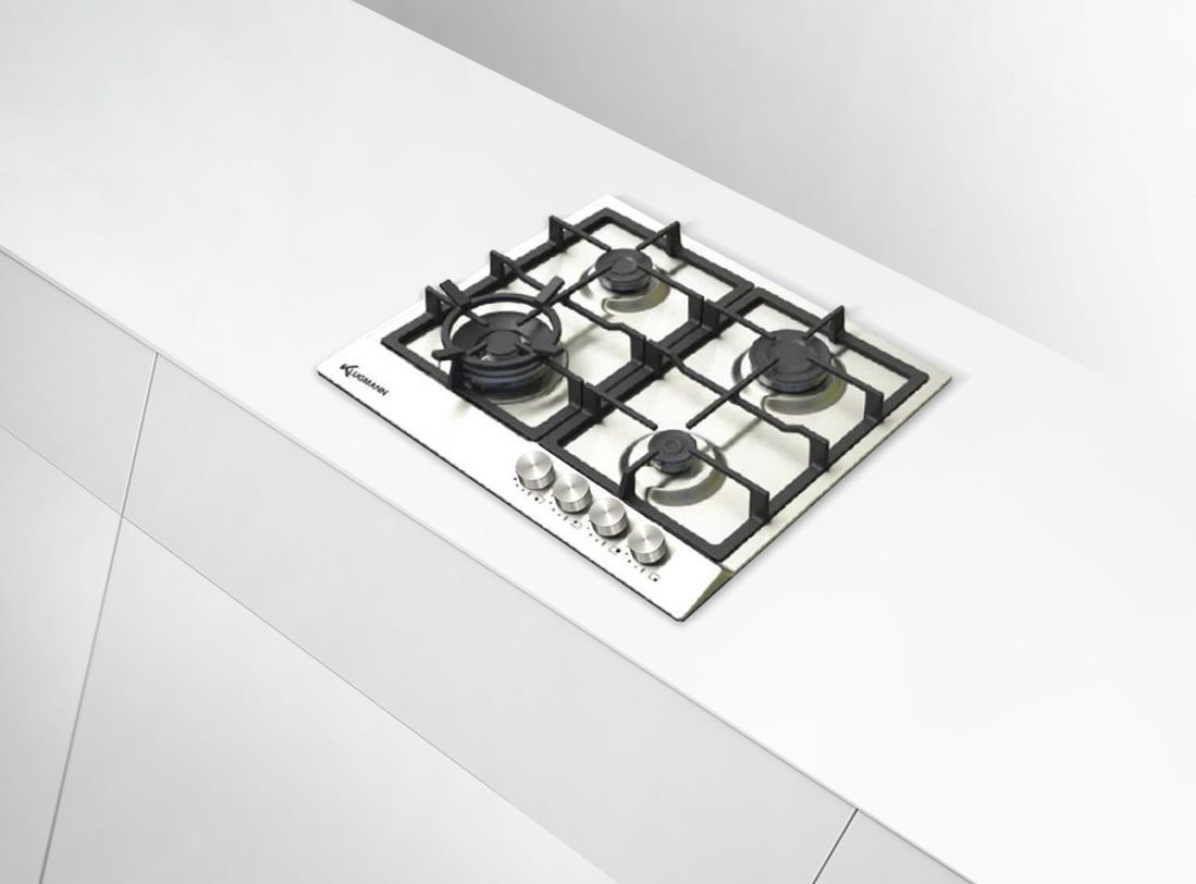 Klugmann Gas-Kochfeld Klugmann Design 60cm Einbau Edelstahl Gaskochfeld 4Brenner, Metallknöpfe WOK 4kW und WOK-Aufsatz!, WOK-Brenner 4kW, WOK-Aufsatz