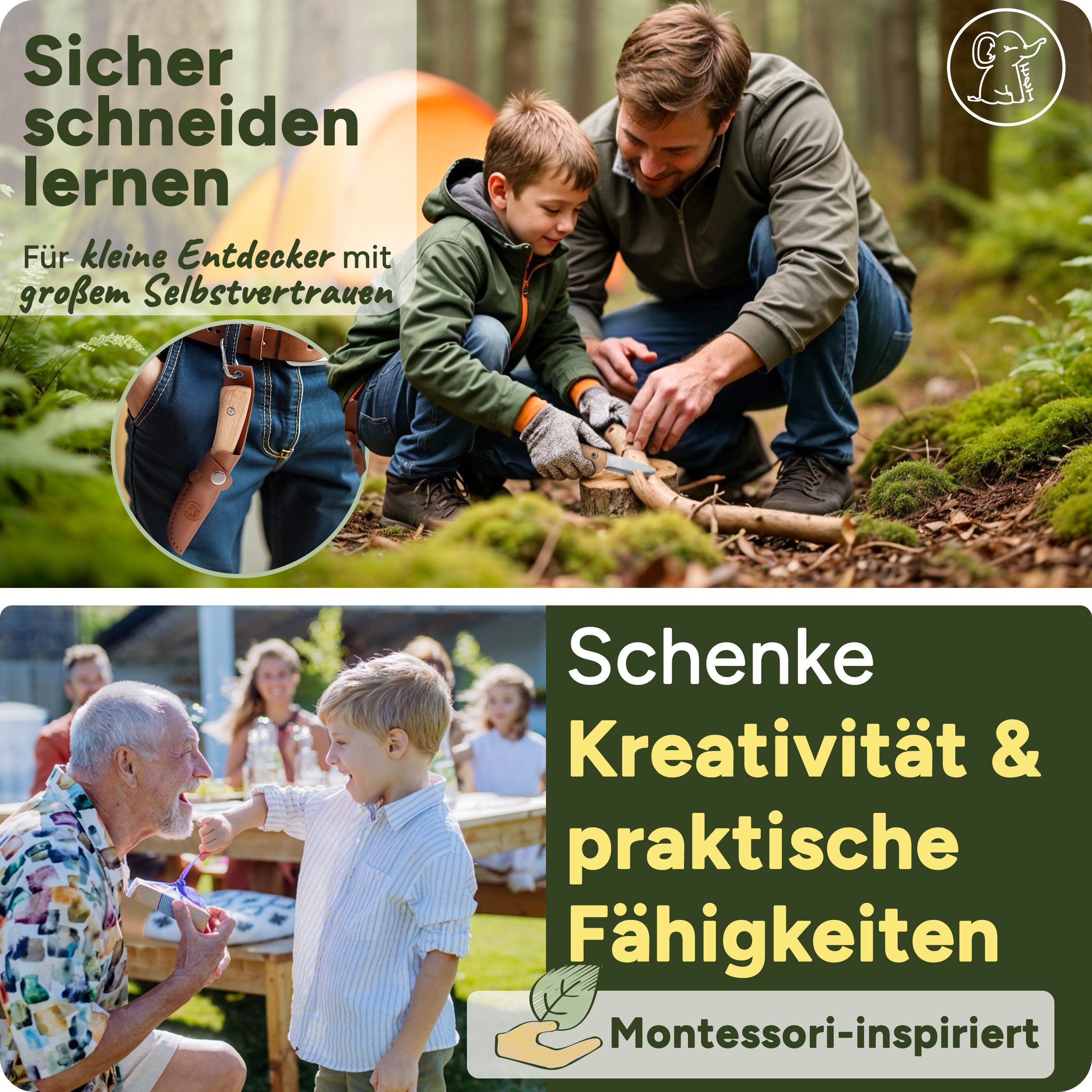 Eli Taschenmesser Schnitzmesser Kinder - Kindermesser mit Ledertasche - Schnitzwerkzeug, (Kindertaschenmesser - Outdoor Messer, Kinderschnitzmesser - Griffe aus Buchenholz), inkl. schnittfeste Handschuhe - Beidhändig - rostfreier Stahl