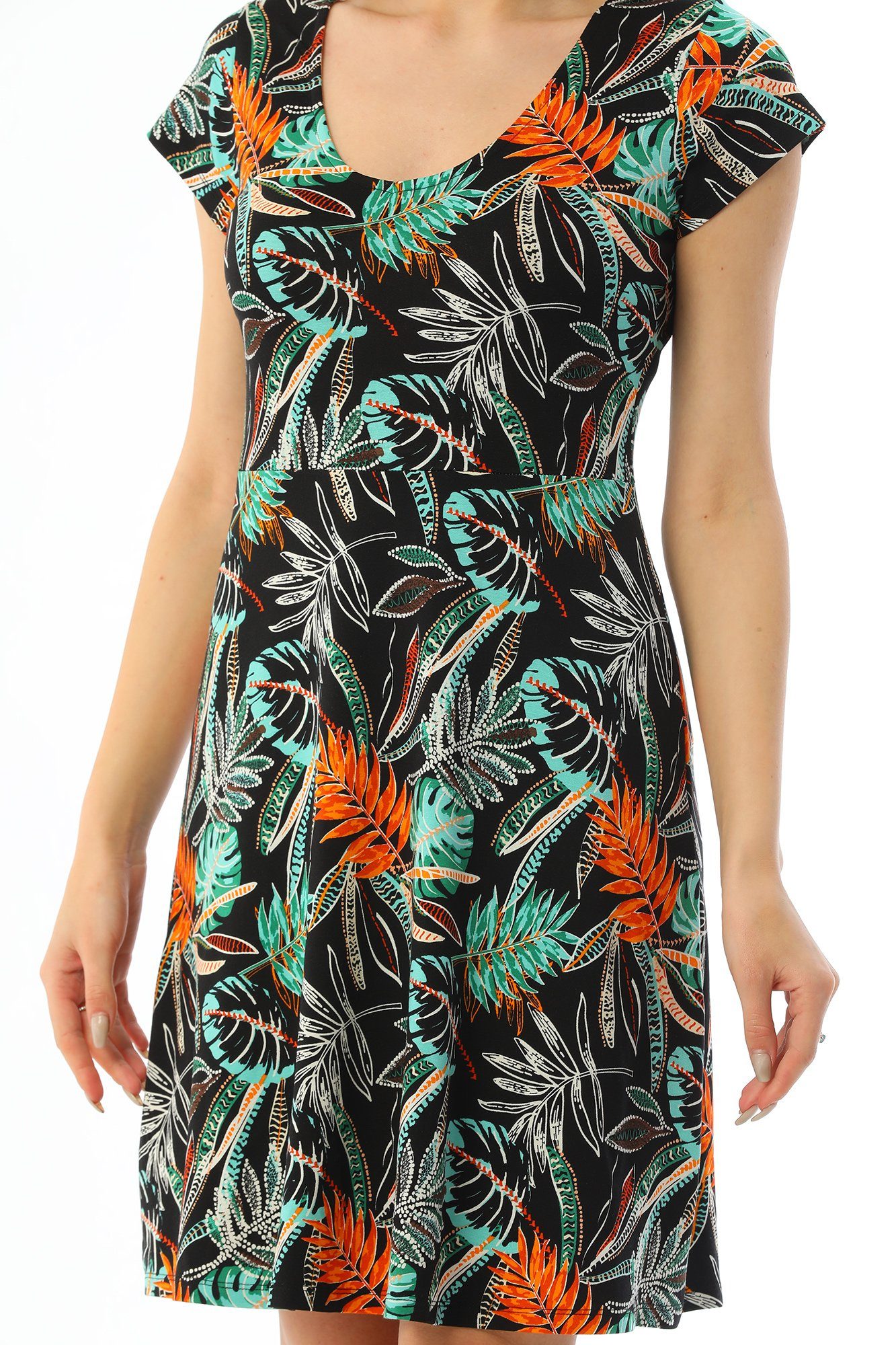 Sommerkleid Palmenblättermuster Strandkleid mit Bongual kurzes
