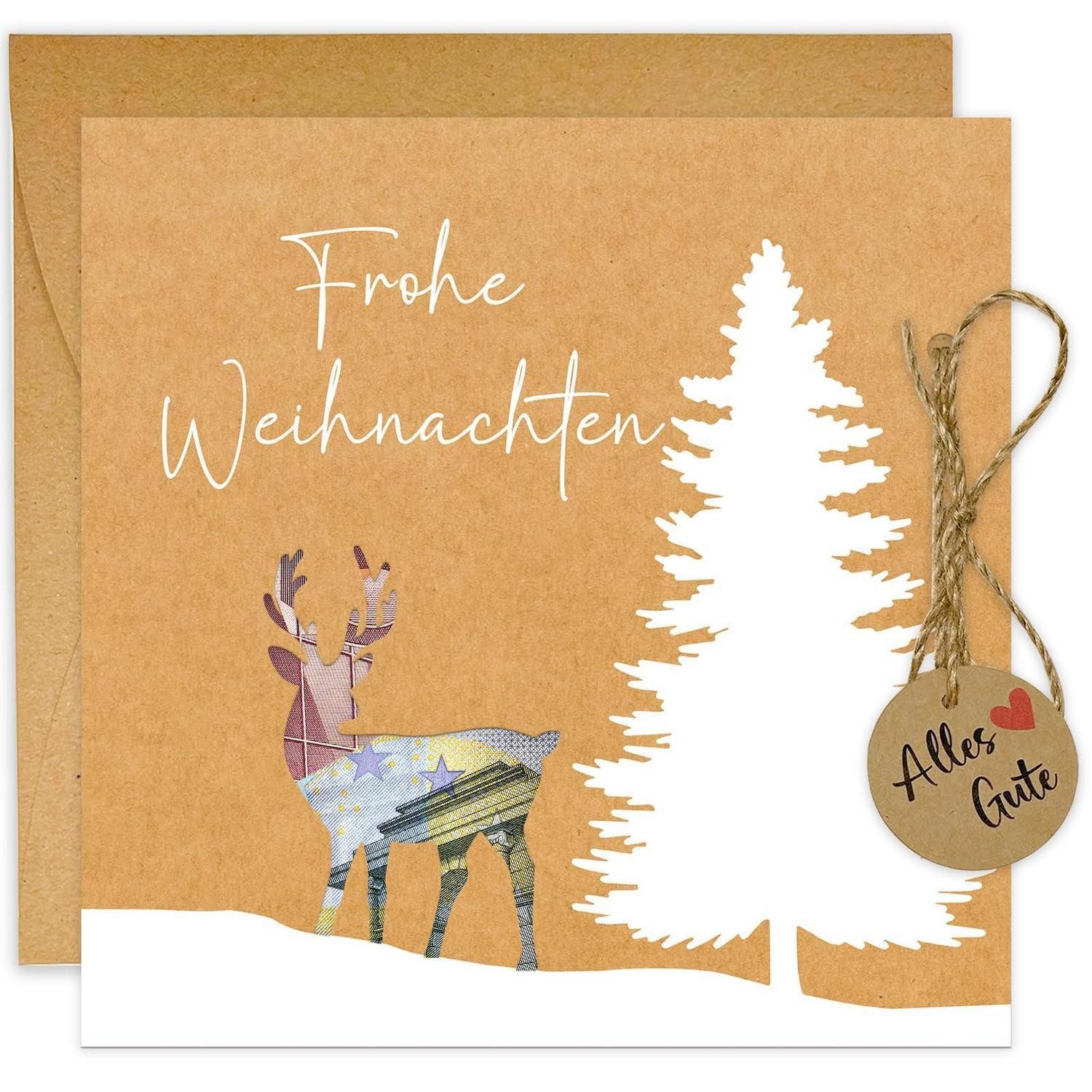 LuxusKollektion Briefumschlag Geldgeschenk Karte Weihnachten Rentier Tanne Kraftpapier 105x148mm