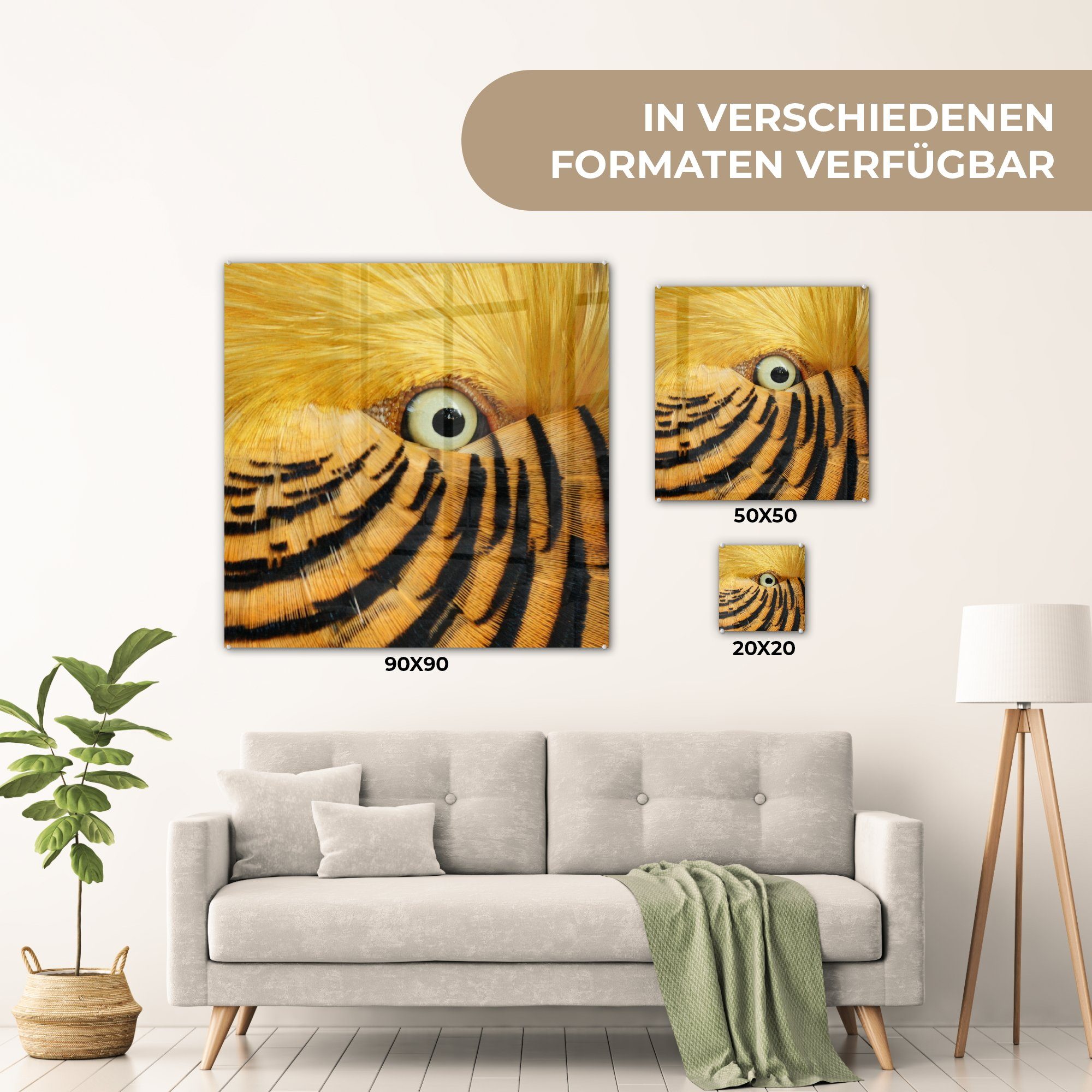 MuchoWow Acrylglasbild Nahaufnahme des Auges auf Glas - gelben und Federn Wandbild mit eines Vogels Wanddekoration St), schwarzen, Bilder auf Glas - - (1 Foto Glasbilder