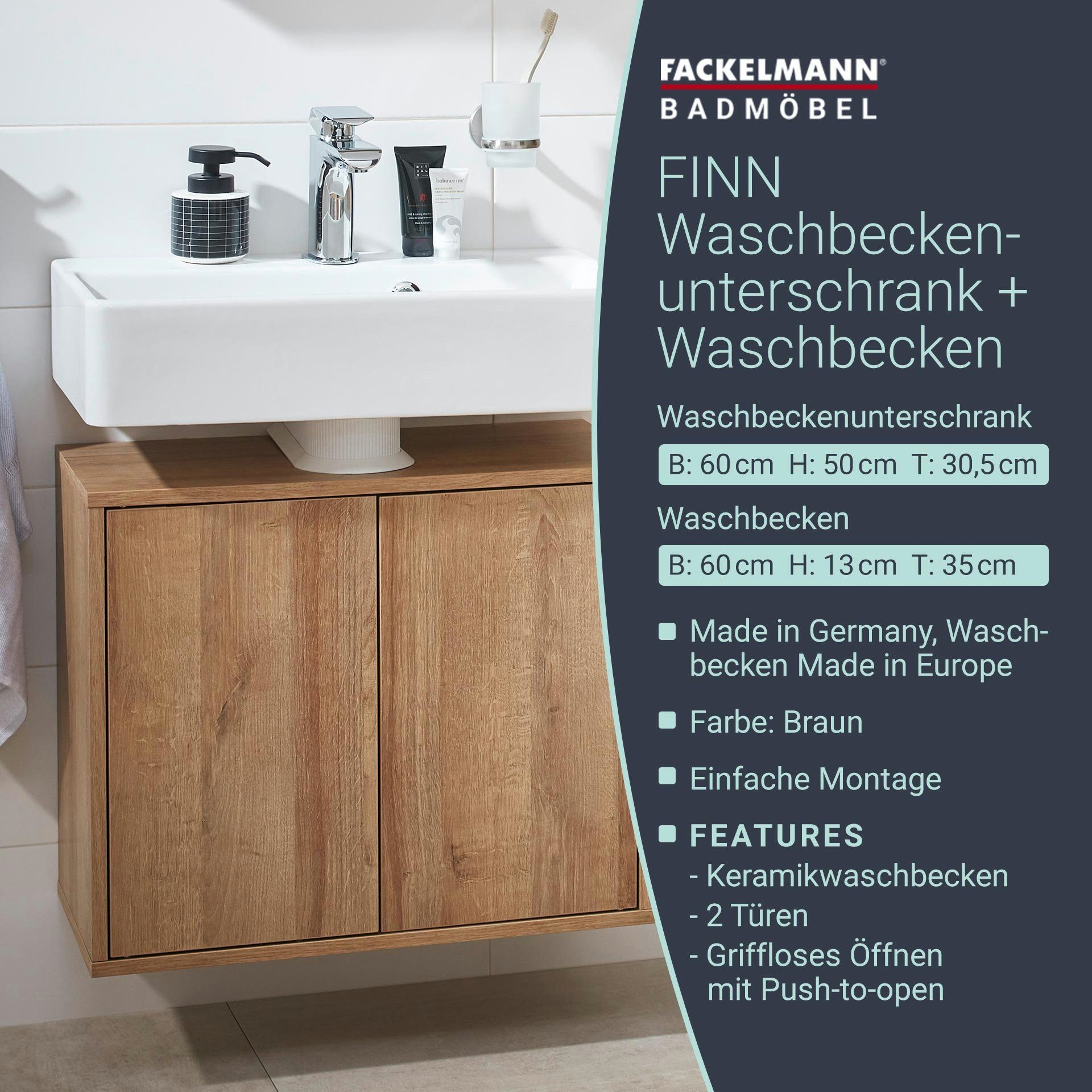 FACKELMANN Badmöbel-Set Finn Badmöbel Set 2-teilig 60 cm breit, hell braun