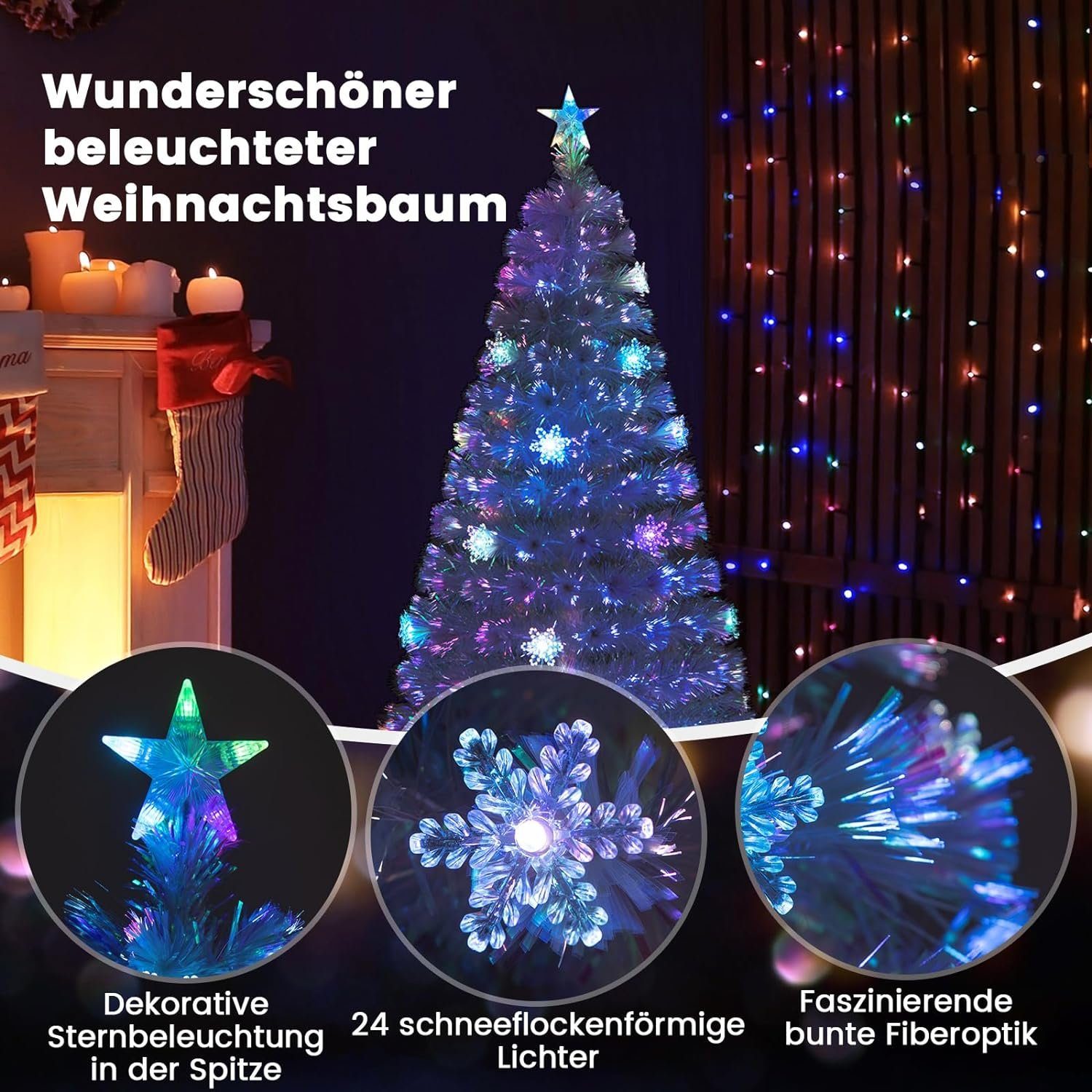 COSTWAY Künstlicher Weihnachtsbaum, mit Beleuchtung, Glasfaser & Sternspitze, 210cm
