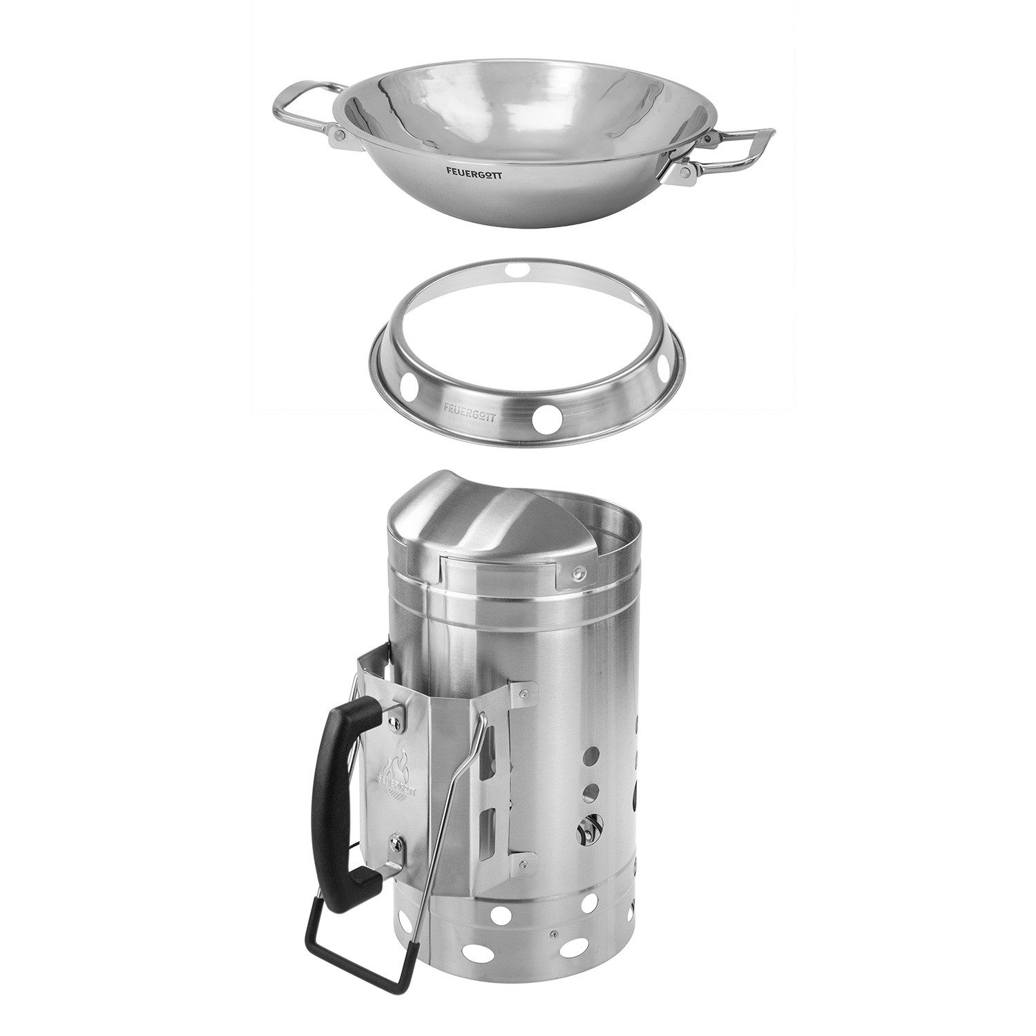 Feuergott Holzkohlegrill Feuergott Wok Set Edelstahl mit Wokring und Anzündkamin