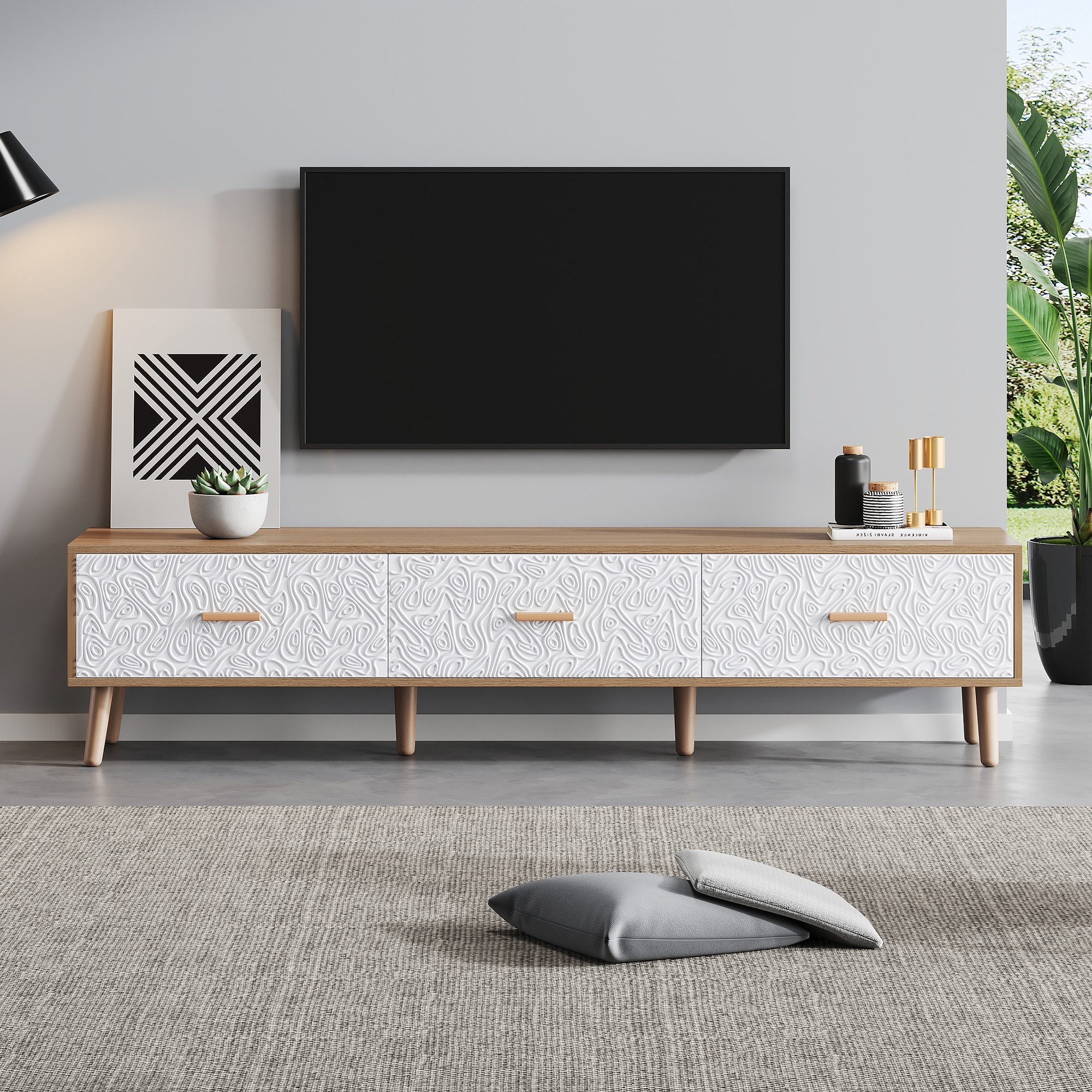 OKWISH Lowboard TV-Schrank mit Vintage-Grain & 3 Schubladen (TV-Schrank, Fernsehtisch,TV-Board,TV-Ständer, 1 St., Für eine stilvolle und ordentliche Medienaufbewahrung), 150x35x39 cm in Holz/Weiß, als schlankes TV-Board