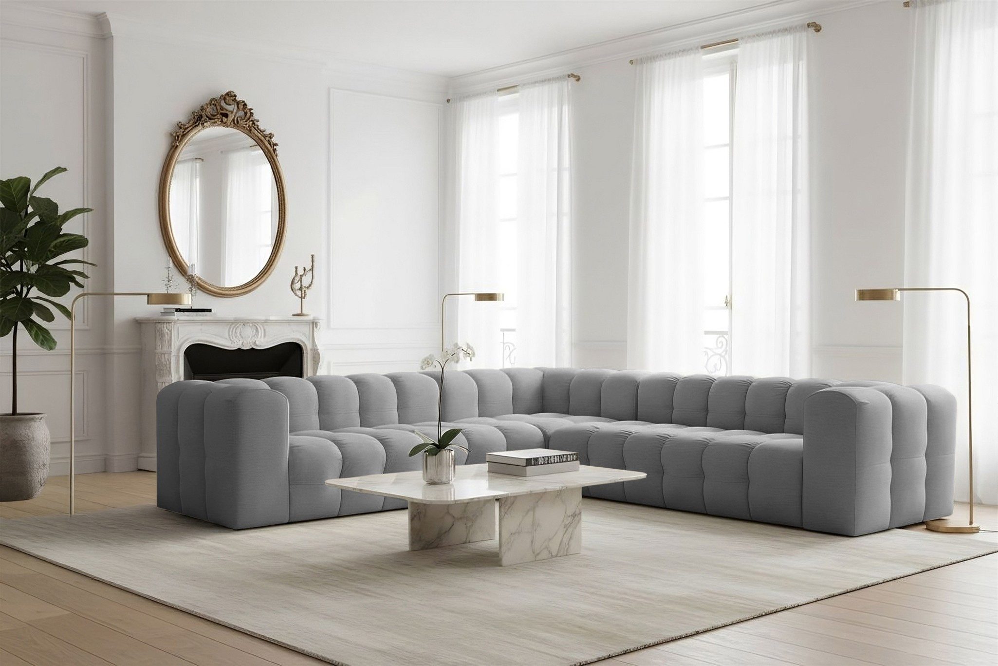 Fun Möbel Ecksofa Designersofa SOLVIE Universal (300cm), Stoff Moly oder Tiffani, Sofa-Rücken echt bezogen