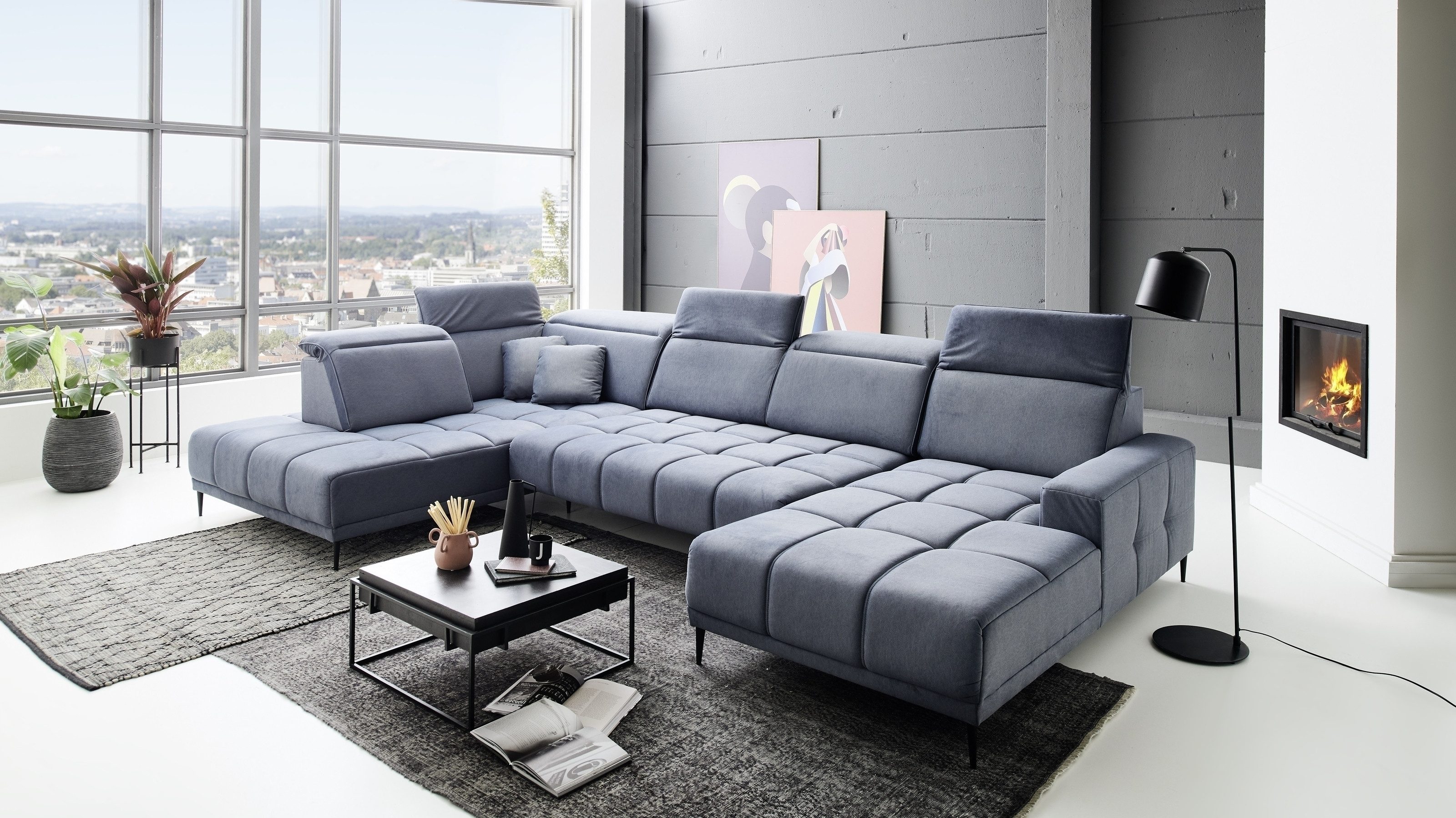 Iwaniccy Wohnlandschaft elektr. Sitzverstellung, 2 Kissen, blaugrau - 398x107x234cm (BxHxT)