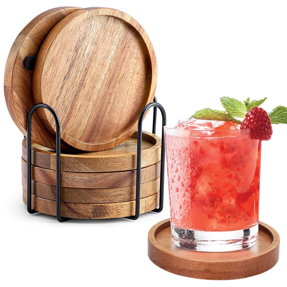 AFKSMILE Getränkeuntersetzer 6 Stück Akazienholz Untersetzer, Untersetzer Holz Rund für Gläser, 6-tlg., Getränke Tassenuntersetzer mit Halter Holzuntersetzer Glas Untersetzer