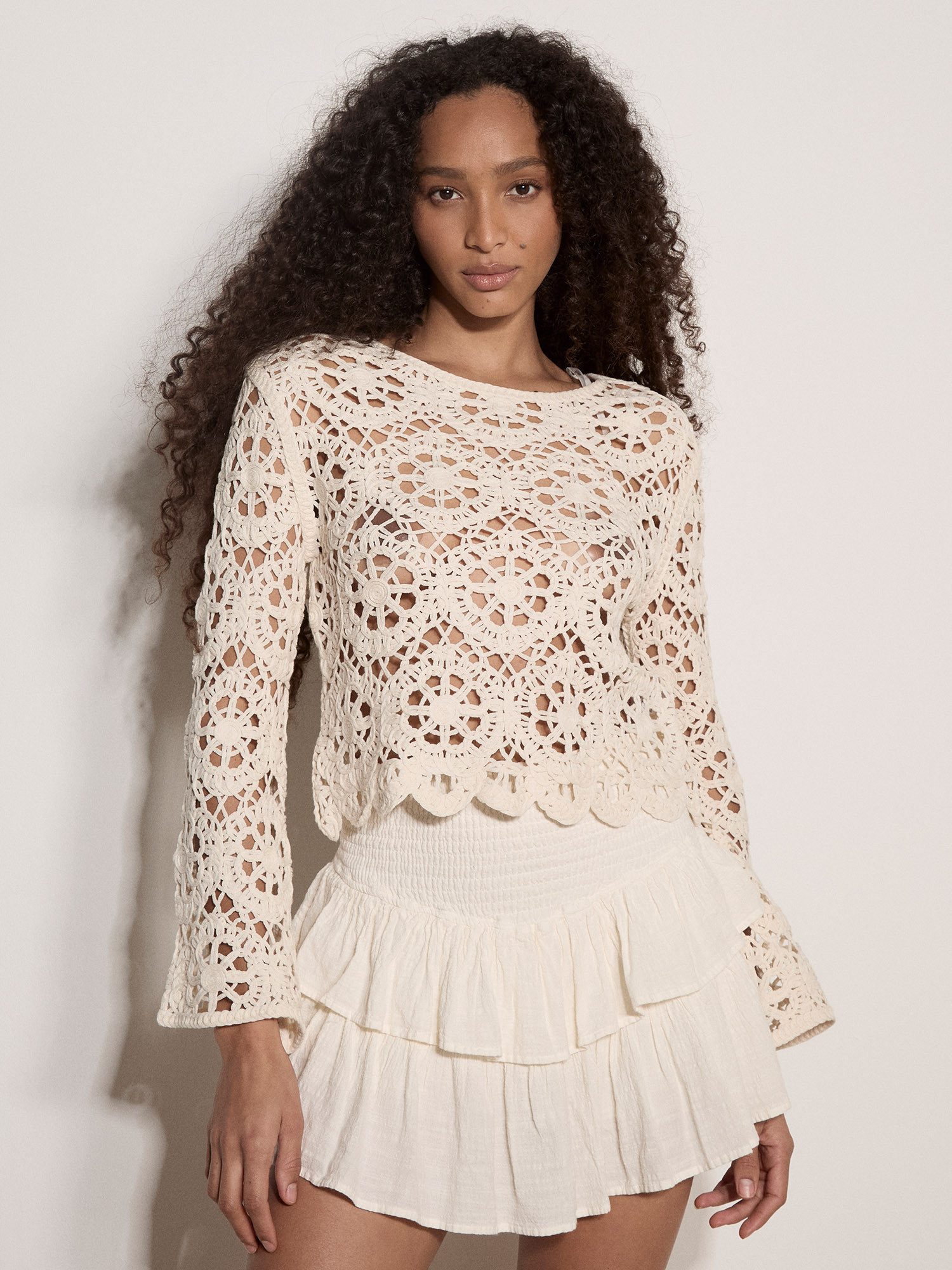 Apricot Spitzenshirt Boho-Häkeloberteil mit Blumenmuster Häkelverzierungen