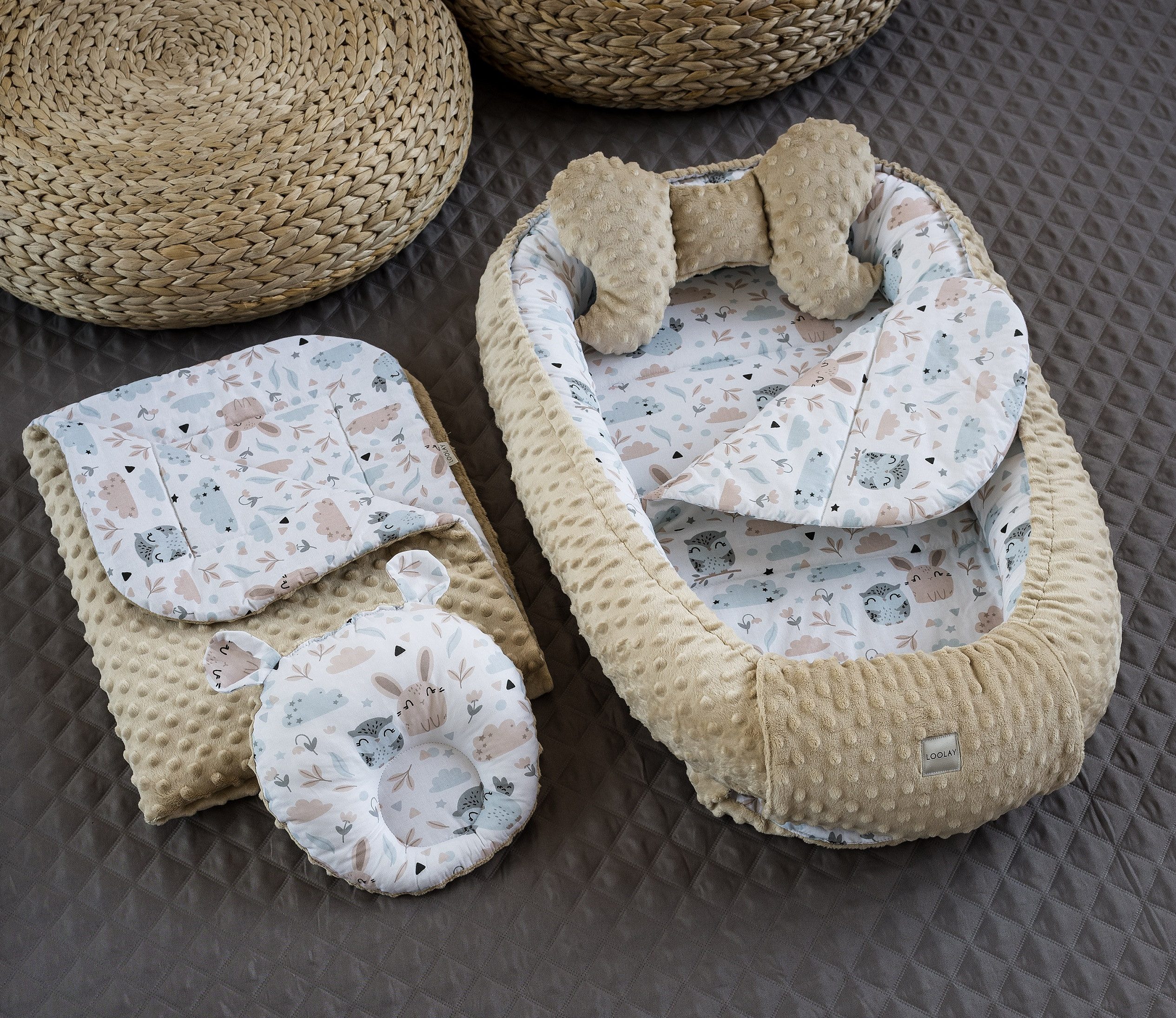 Bettnestchen Hase BEIGE Weiß/ MINKY Fleece 5 TLG SET Babynest Babyausstattung